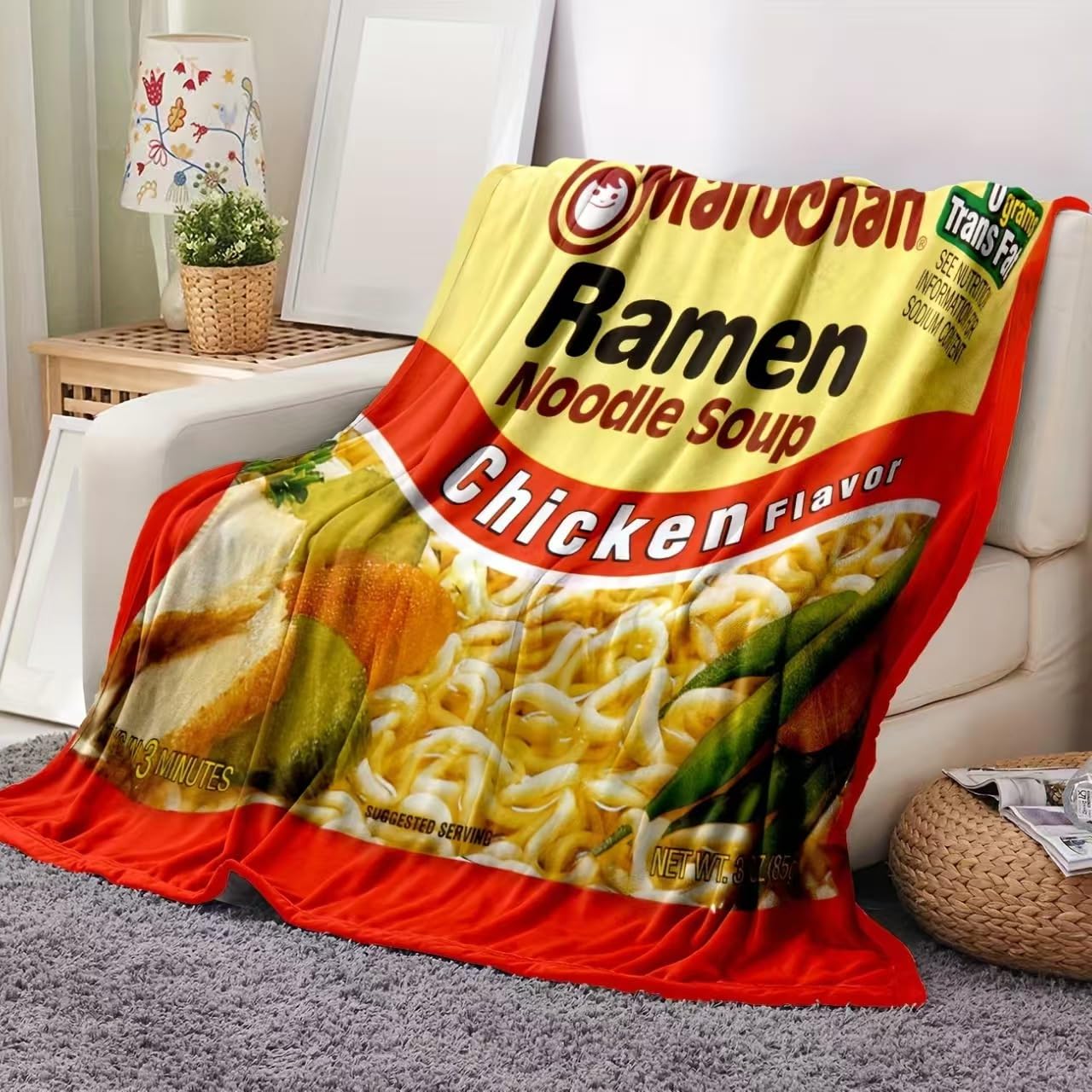 Noodle Soup Chicken Flavor Ramen Blanket, Noodle Blanket, Funny Instant Ramen Noodle Gift Soft Cozy Lightweight Flannel Blanket 