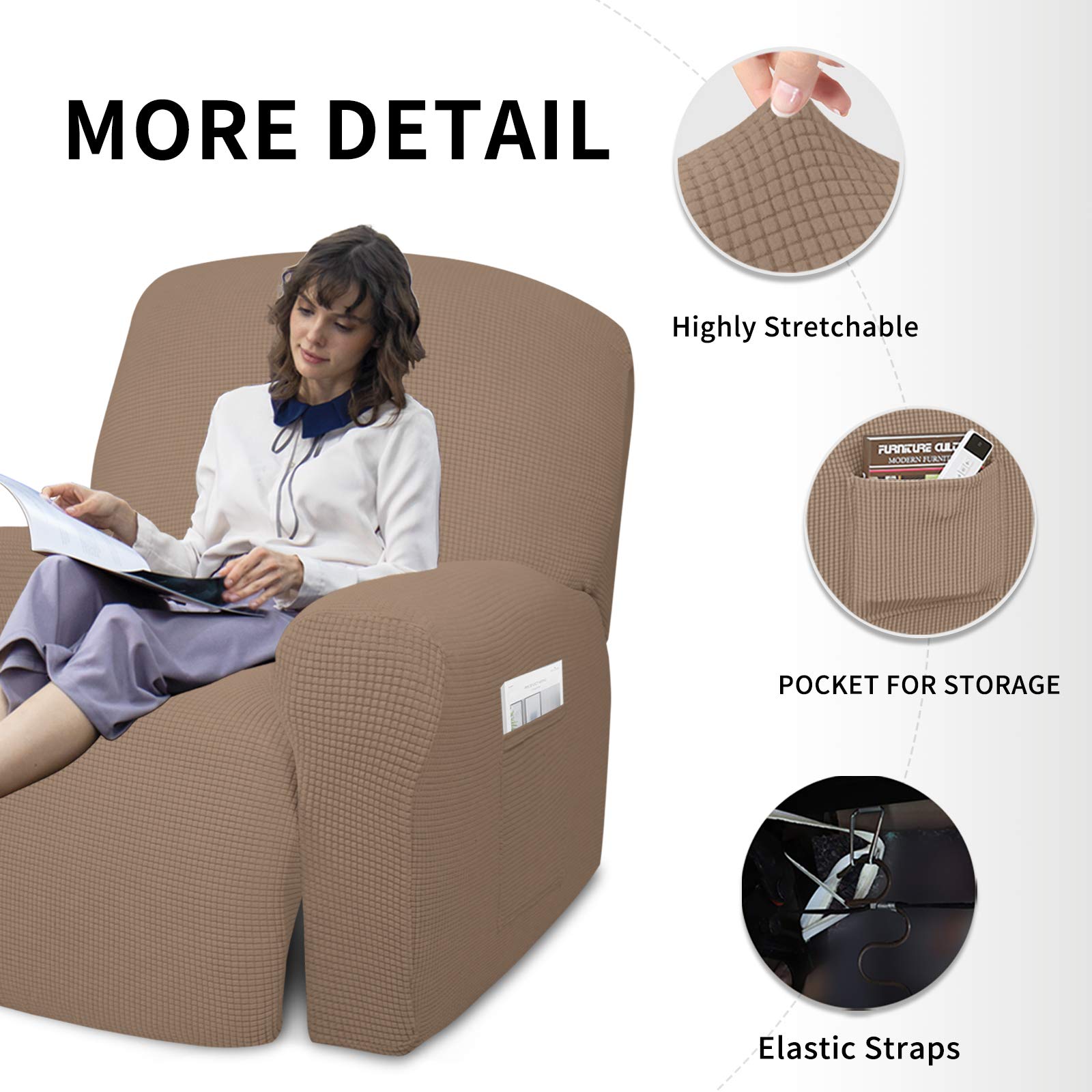 Easy-Going 4 Pieces Oversized Recliner Stretch Sofa Slipcover Sofa Cover Furniture Protector Couch Soft With Elastic Bottom Polyester Spandex Jacquard Fabric Small Checks Camel