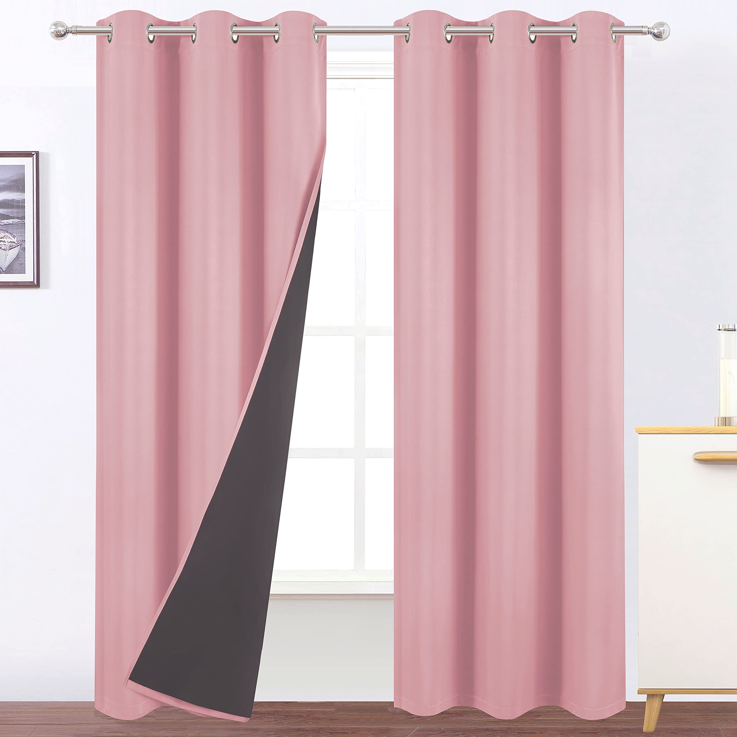 LEMOMO 100% Blackout Curtains 40 x 84 Inch/Pink Curtains 2 Panels with Black Lining Room Darkening Thermal Insulated Bedroom Cur