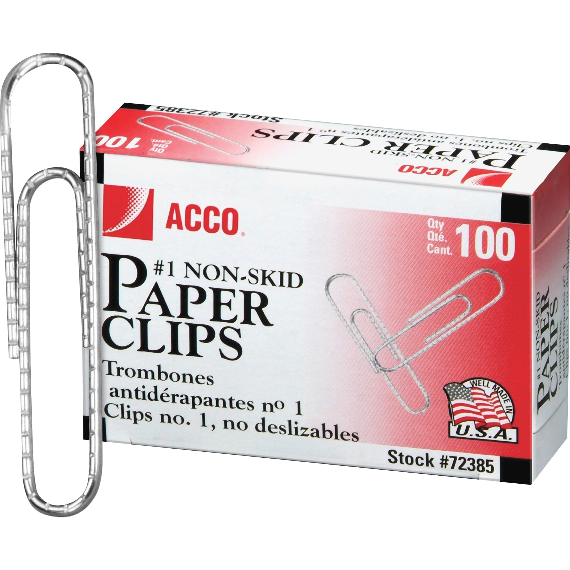 Acco Brands 72385 Nonskid Economy Paper Clips, Steel Wire, No. 1, Silver, 100/Box, (Acc72385) (Pack Of 10)