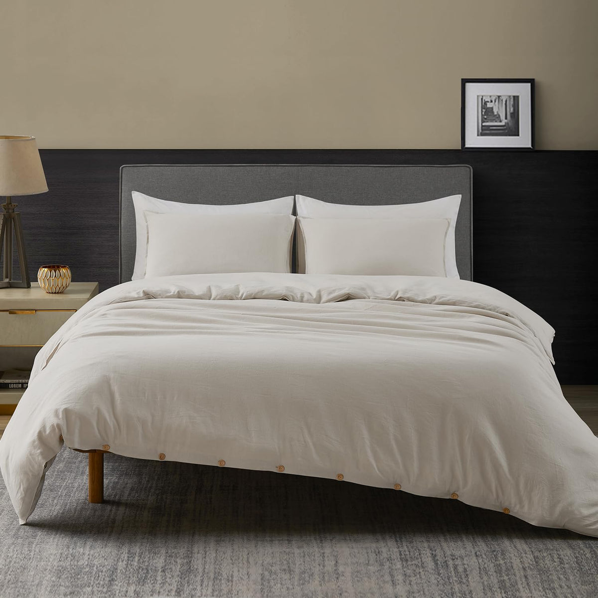 Dapu Linen Duvet Cover King, Washed Lightweight Bedding Set With Buttons Closures, 3 Pcs Hypoallergenic Soft Linen Cotton Blend