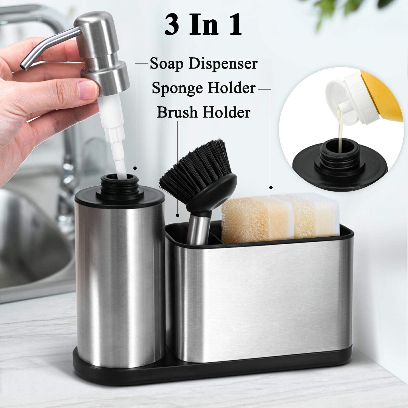 Odesign Bathroom Dish Soap Dispensers With Caddy (A Spare Brush Included) Kitchen Sink Organizer Sponge Holder For Countertop St