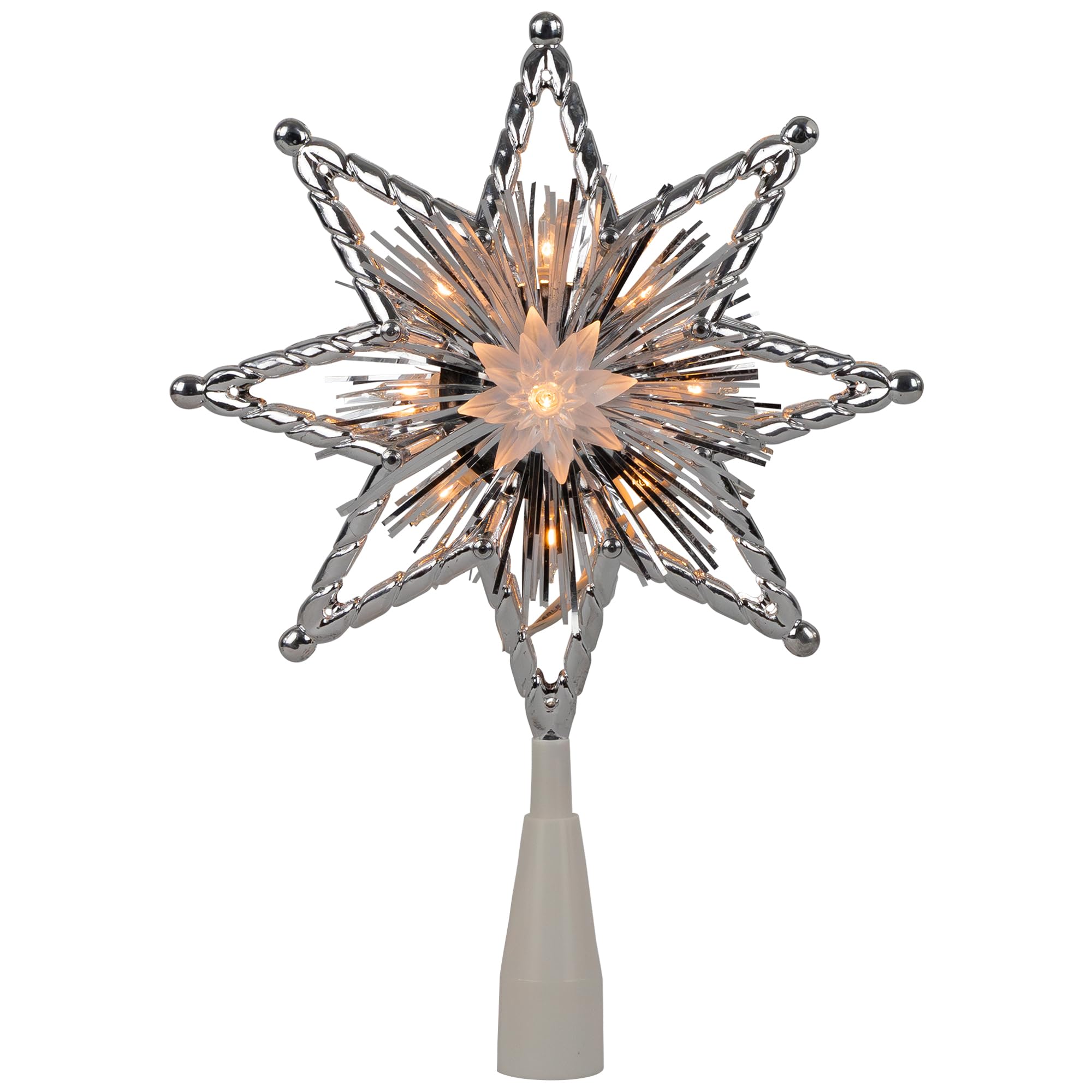 Northlight 8 Lighted Silver Tinsel Star Christmas Tree Topper - Clear Lights, White Wire
