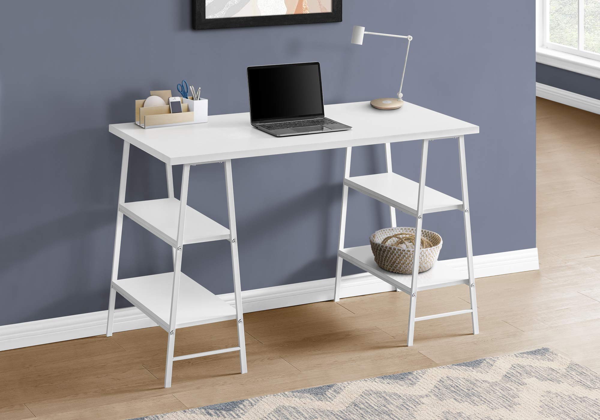Monarch Specialties I 7521 Computer Desk, Home Office, Laptop, Storage Shelves, 48&quot; L, Work, Metal, Laminate, White, Contemporary, Modern