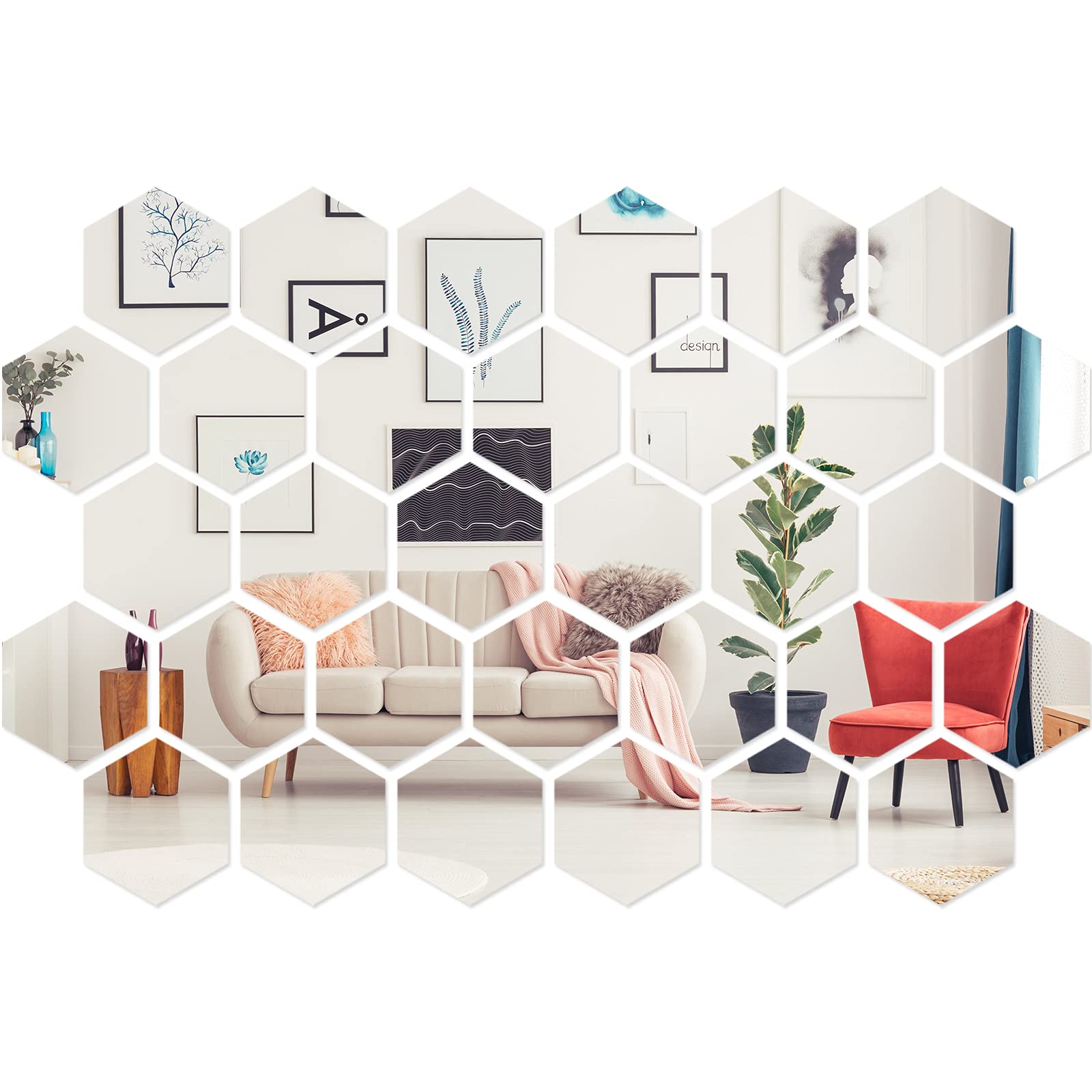 Shappy 32 Pcs Hexagon Mirror Wall Stickers Removable Silver Acrylic Mirror Stickers Honeycomb Decals for DIY Home Art Bedroom Li