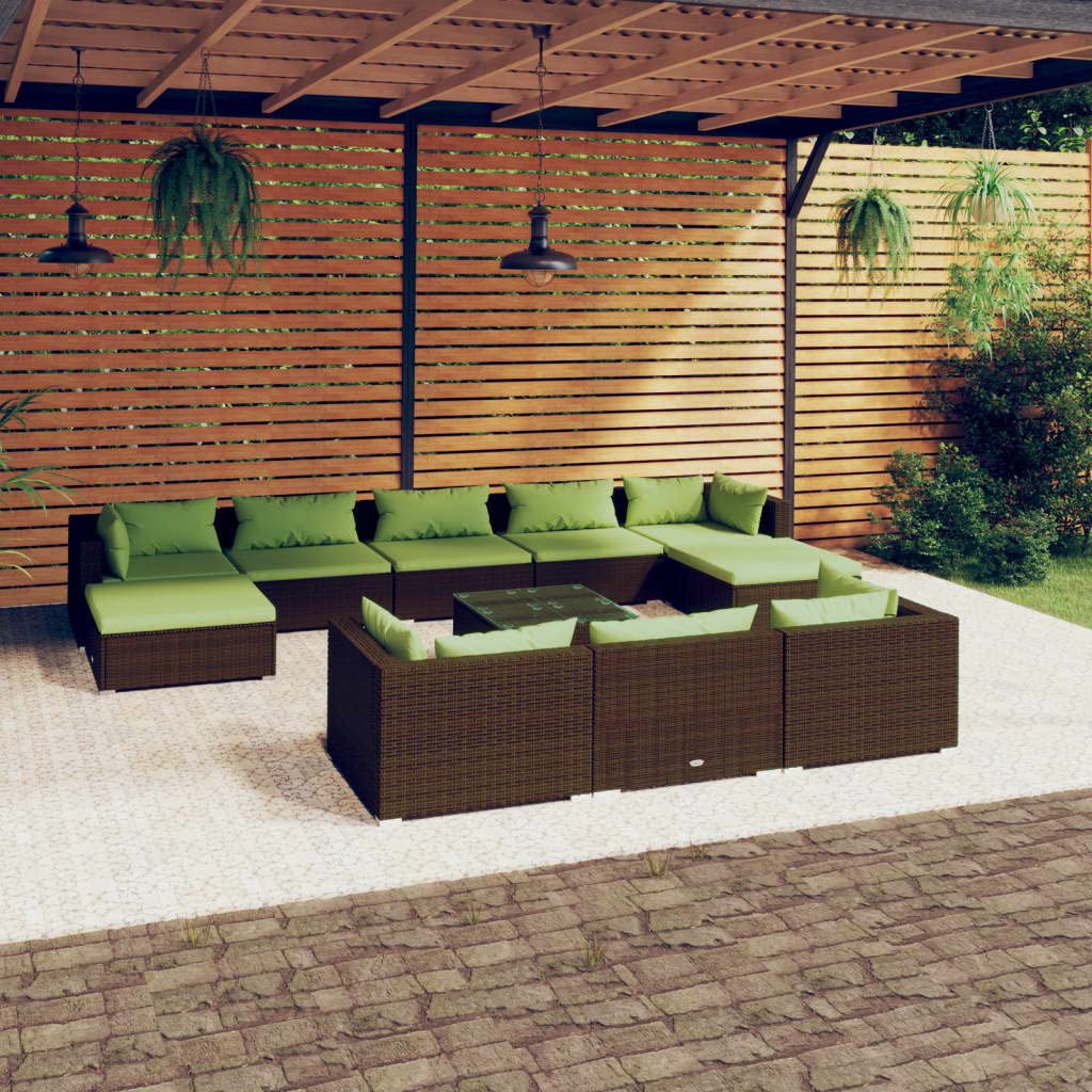 vidaXL 11 Piece Outdoor Patio Lounge Set in Brown Poly Rattan with Comfortable Green Cushions and Glass-top Coffee Table - Modular, Durable and Stylish