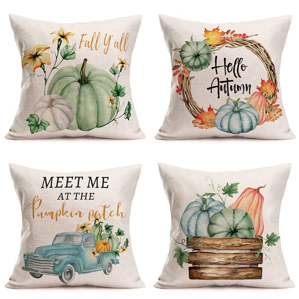 Fukeen Pumpkin Home Fall Decor Throw Pillow Covers 22X22 Inch Set Of 4 Autumn Harvest Maple Leaf Flower With Blue Truck Rustic F