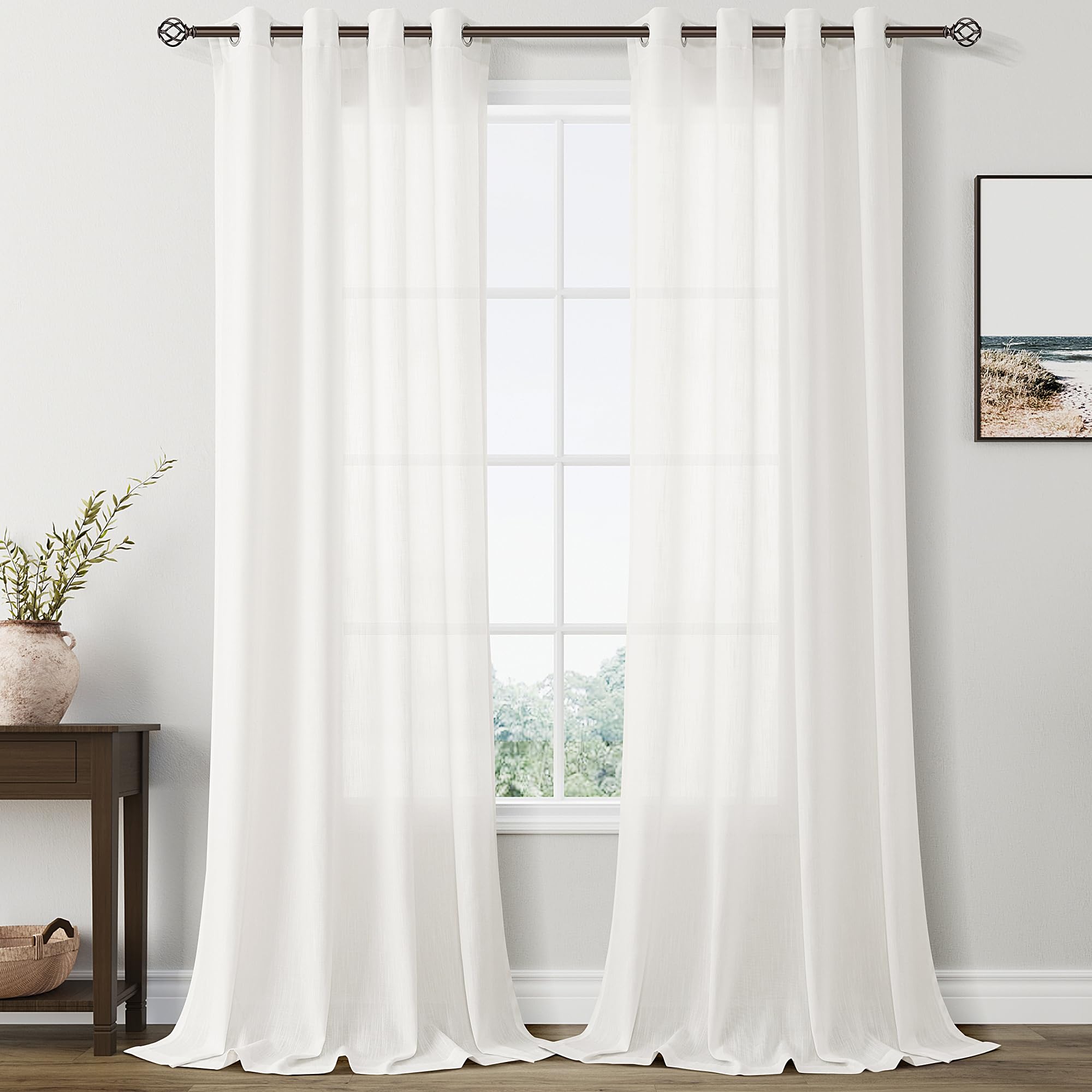 Ivory Semi Sheer Drapes 108 Inches Long 2 Panels Set Off White Grommet Natural Linen Blend Light Filtering Curtains Extra Long P