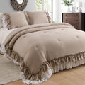 Masaca Ruffled Taupe Comforter Set Queen,Farmhouse Shabby Bedding Comforter Sets Vintage French Country Taupe Bedding 3Pcs(1 Sha