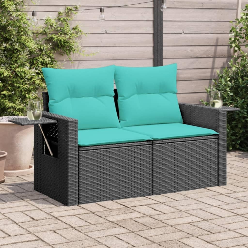 vidaXL Patio Sofa with Cushions - 2-Seater Outdoor Loveseat - Black PE Rattan - Foldable Side Table - Storage with Water-Resistant Bag