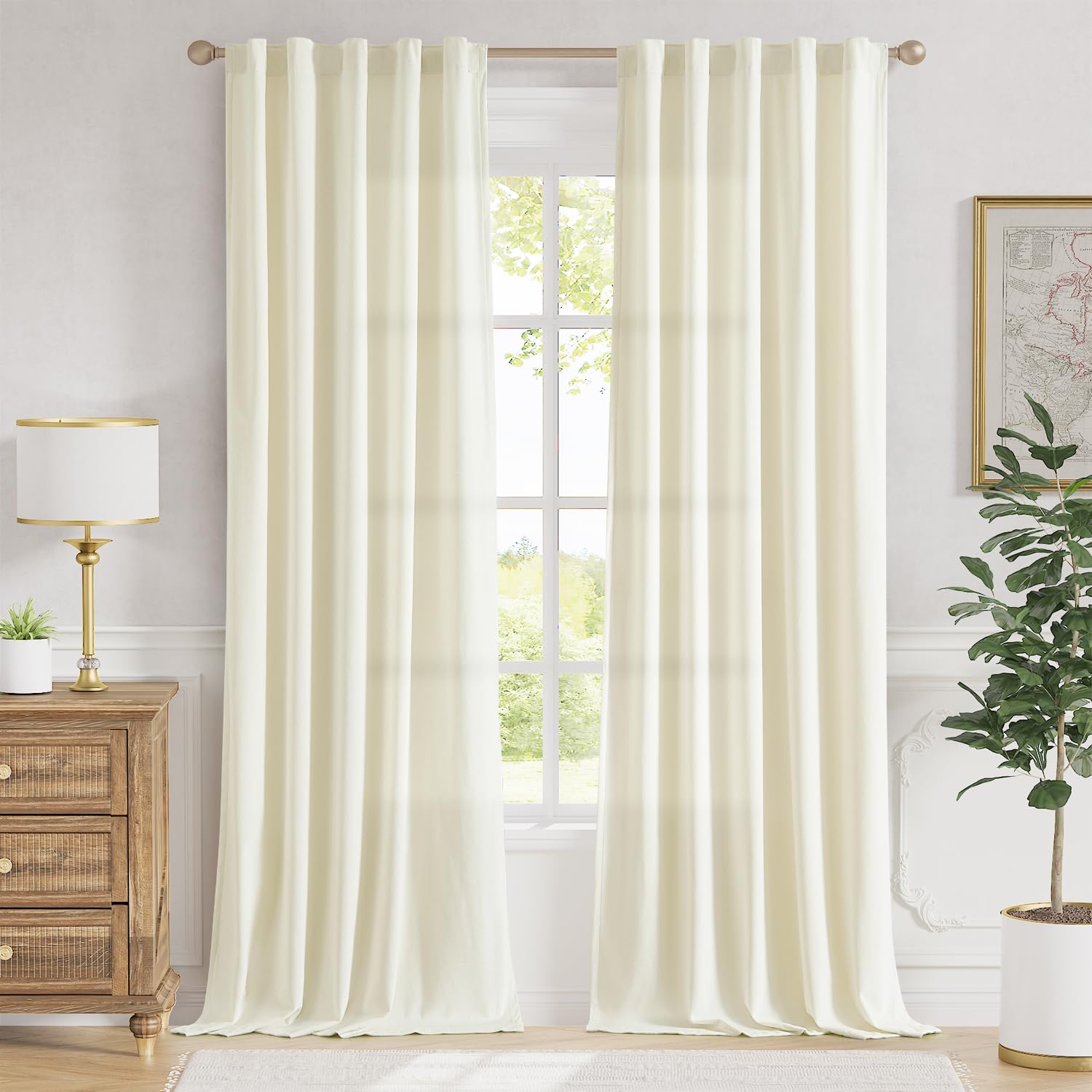 Lazzzy Ivory Velvet Curtains Light Filtering Thermal Insulated Curtains 96 Inch Length Back Tab Drapes For Bedroom Living Room W