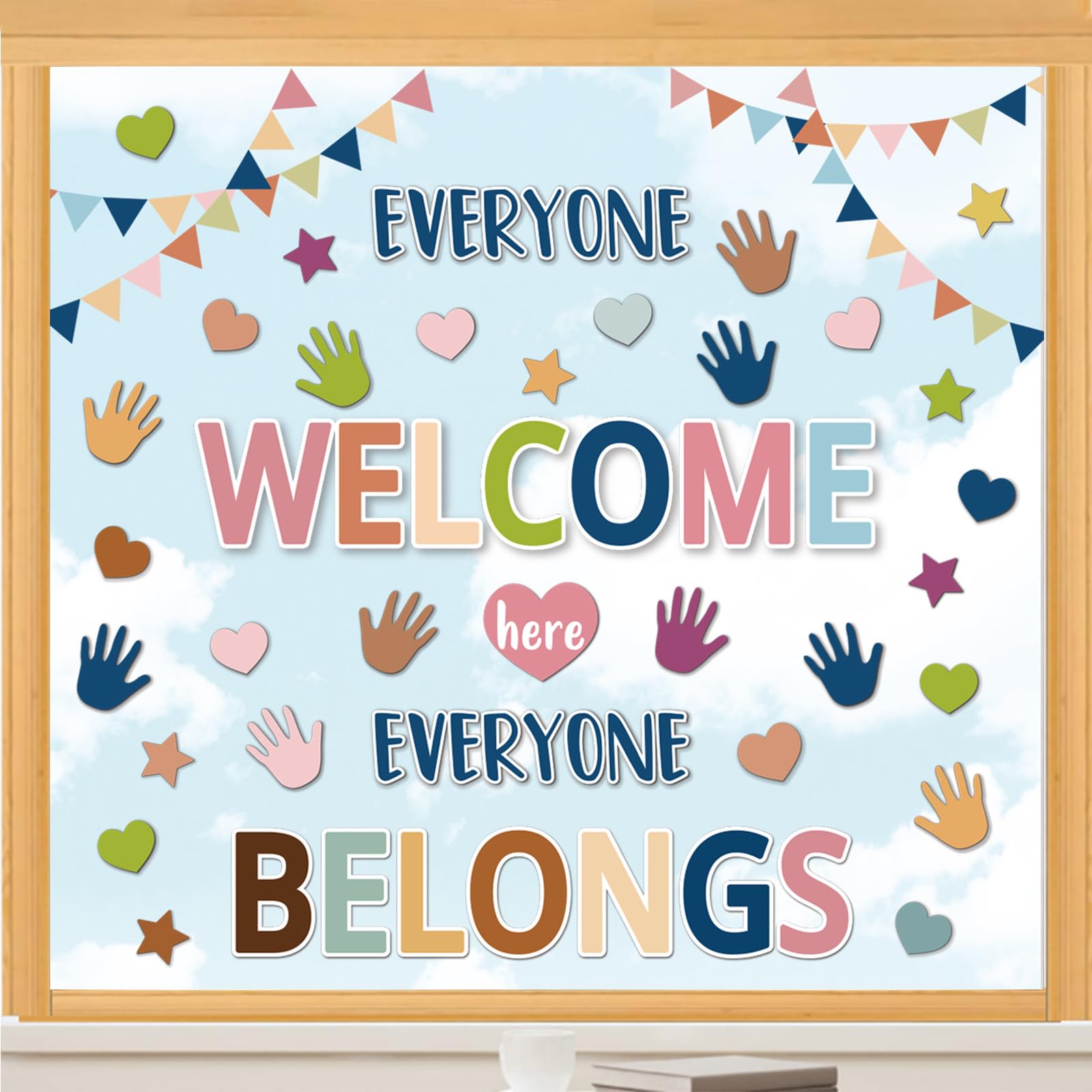 Whaline 9 Sheet Back to School Window Clings Boho Handprint Heart Star Window Decals Double-Sided Everyone Welcome Here Window D