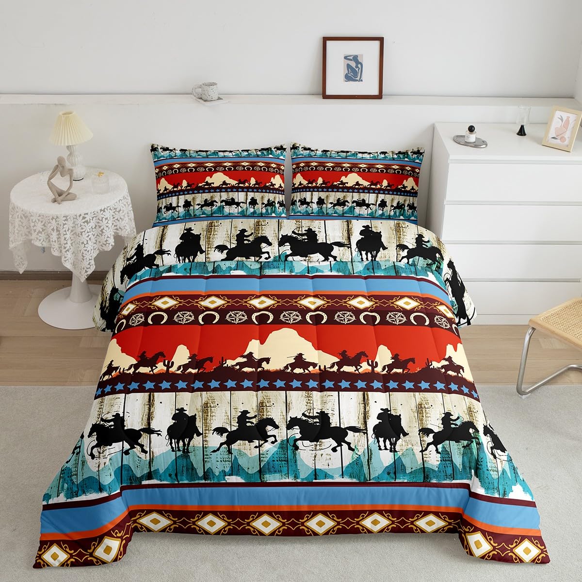 Feelyou Kids Queen Aztec Red Comforter Queen Size, Southwestern Cowboys Comforter Set for Boys Girls Horse Bedding Set Boho Trib