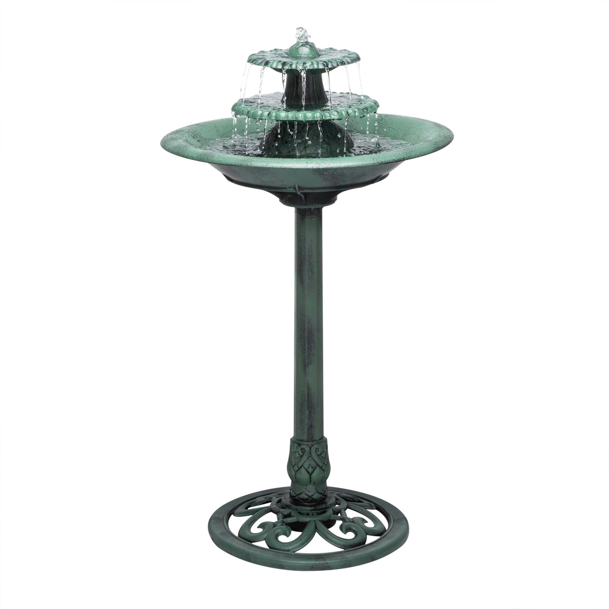 Alpine Corporation Tec106 Outdoor Floor 3-Tiered Pedestal Water Fountain And Birdbath, Pedestal Waterfall Fountain, 35', Green