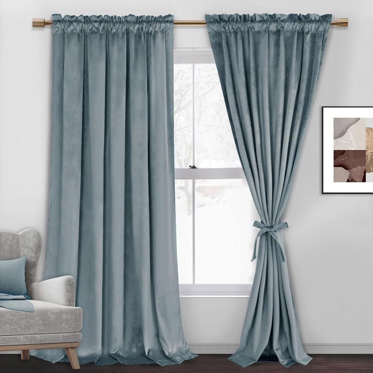 Jiuzhen Stone Blue Velvet Curtains 90 Inches For Living Room - Thermal Insualted Room Darkening Rod Pocket Thick Velvet Window D