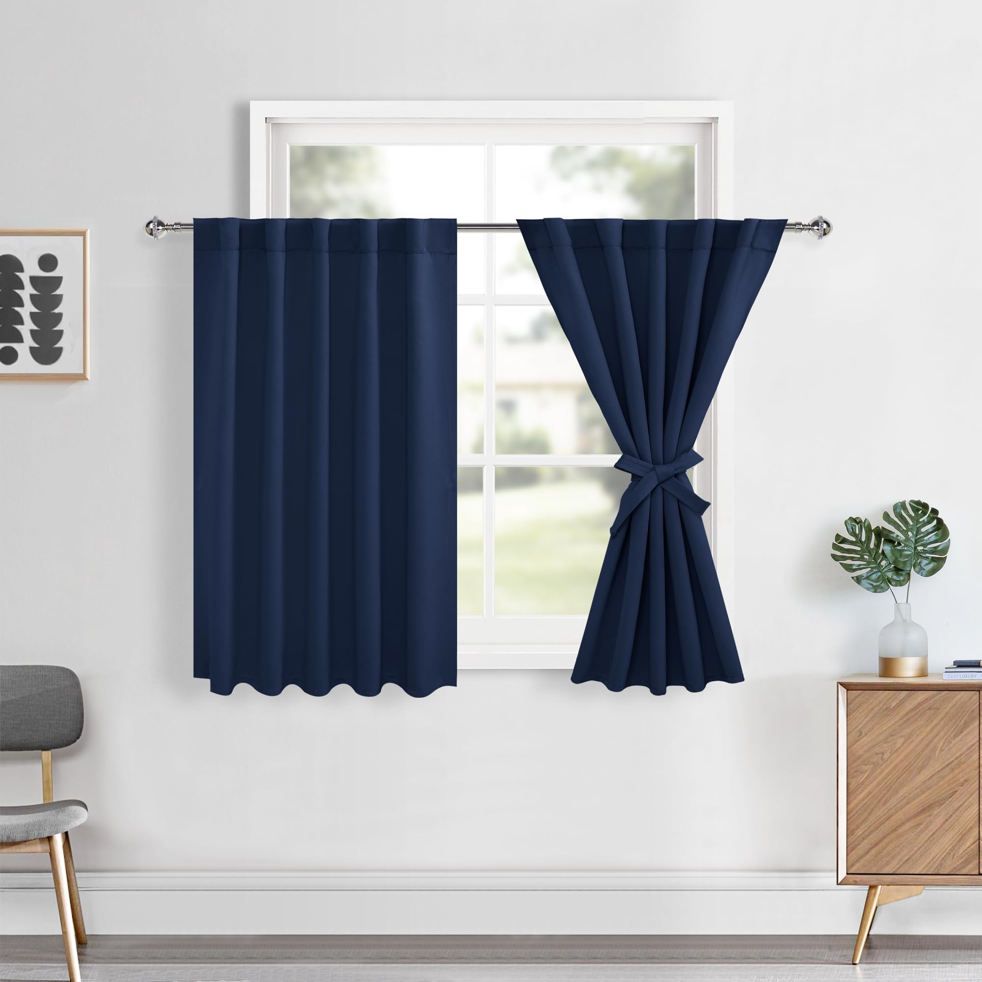 Hiasan Short Navy Blue Blackout Curtains 36 inch Long, Bathroom Small Window Curtains Rod Pocket & Back Tab Thermal Insulated Dr