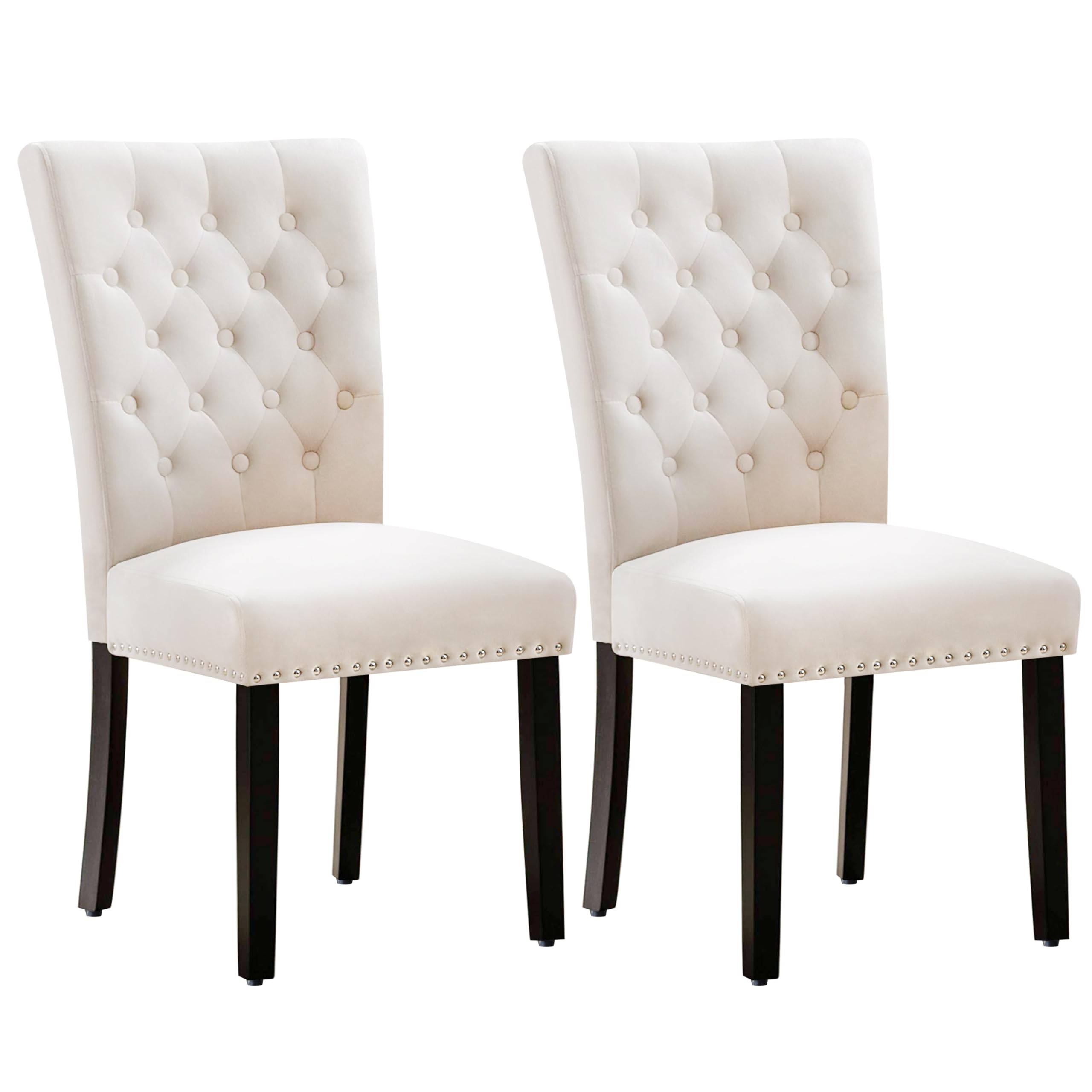 Adochr Velvet Dining Kitchen Chair Set Of 2, Parsons Upholstered Dining Room Chair, Wood Accent Chair With Nailed Trim, Beige