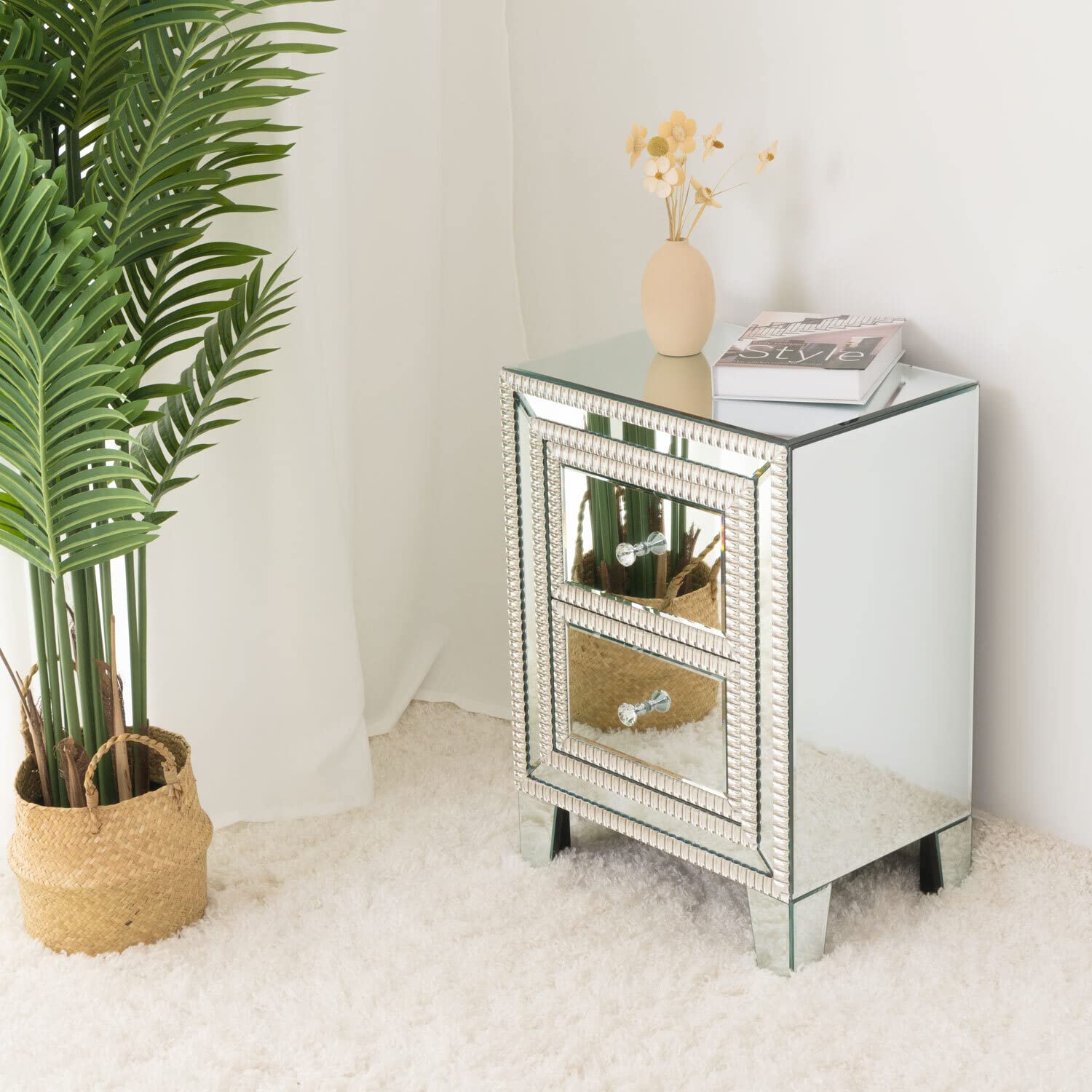 Better Home Products Mirrored Nightstand with 2 Drawers