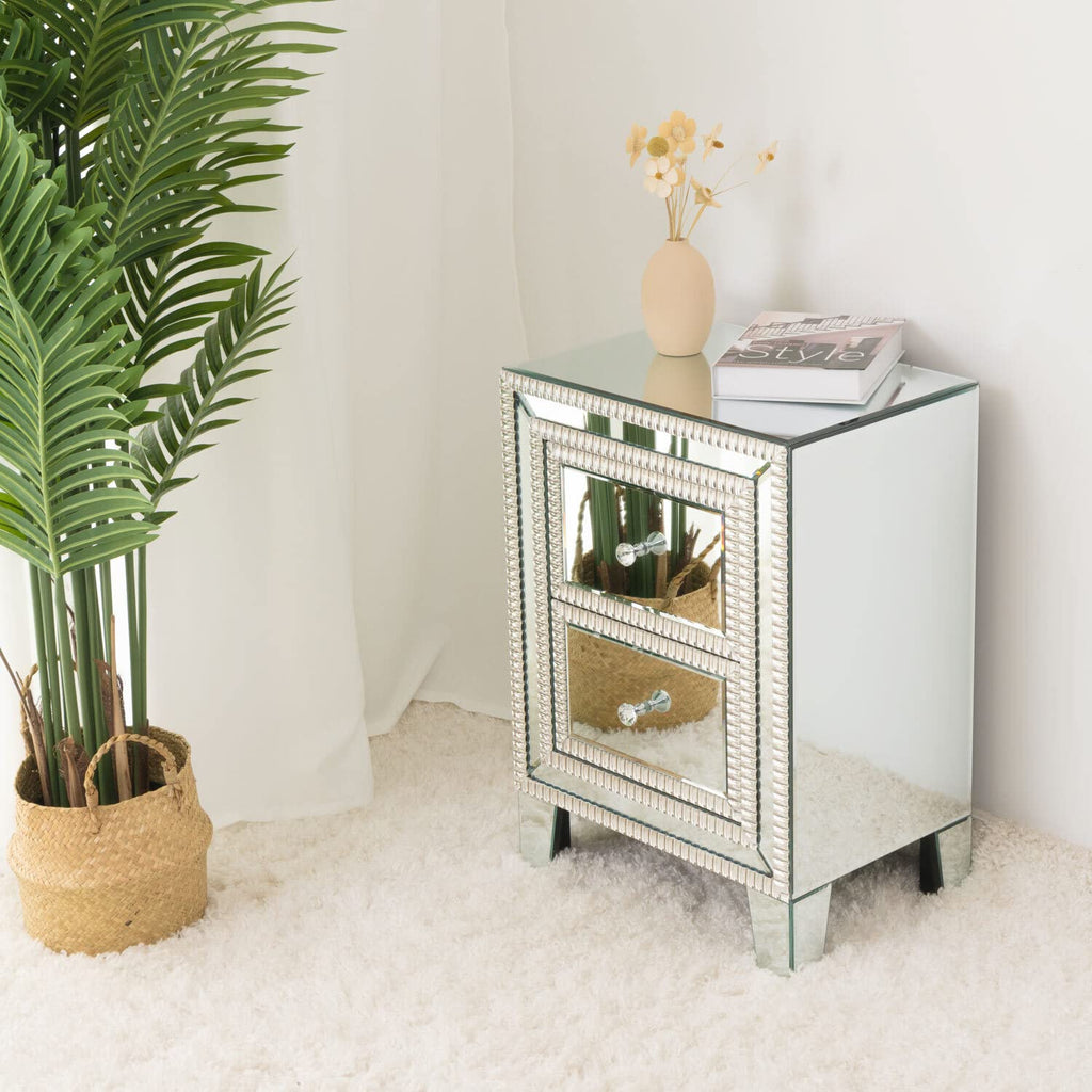 Better Home Products Mirrored Nightstand with 2 Drawers
