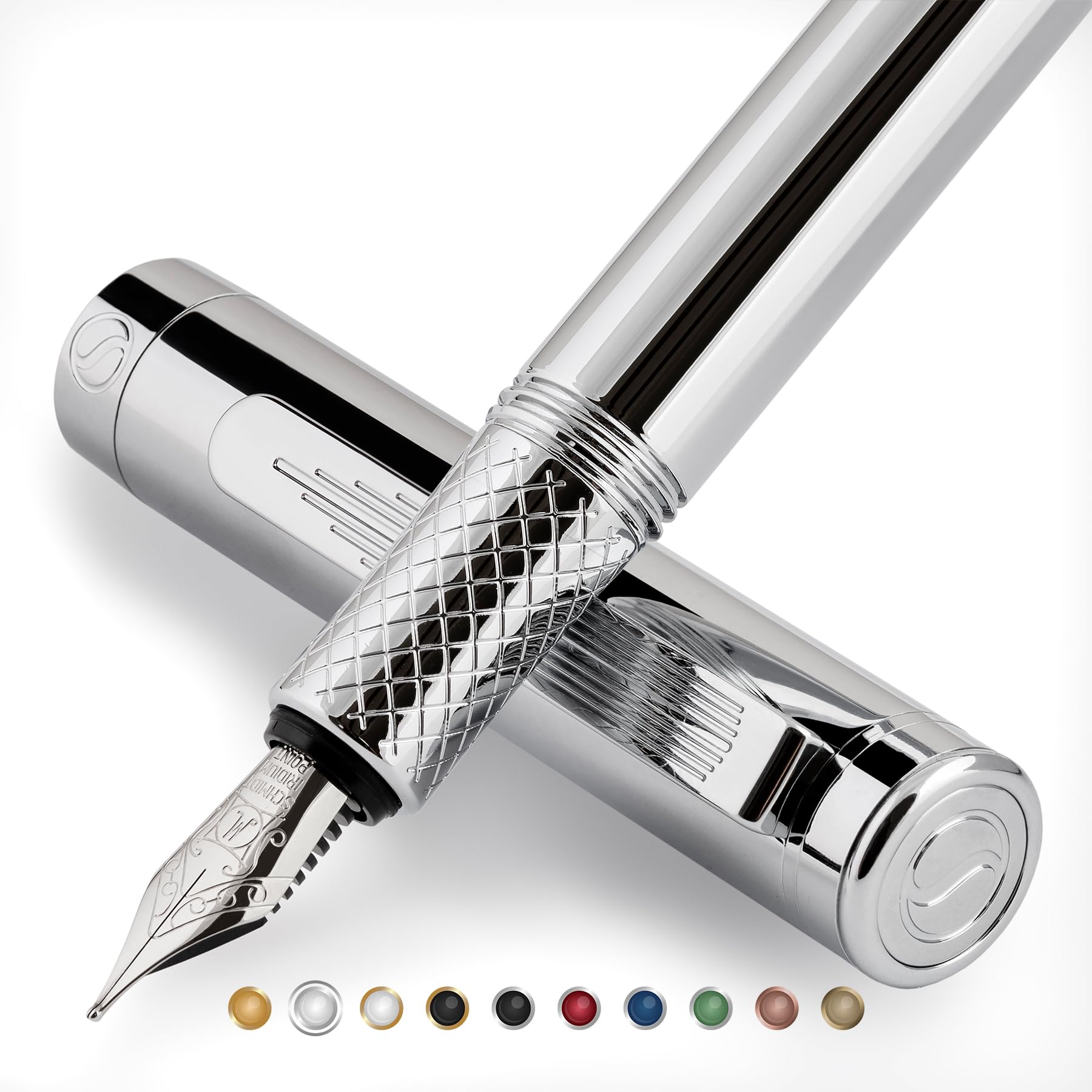 Scriveiner Silver Chrome Fountain Pen (Medium), Award Winning Luxury Pen, Heavy Pocket Pen, Chrome Finish, Schmidt Nib, Converte