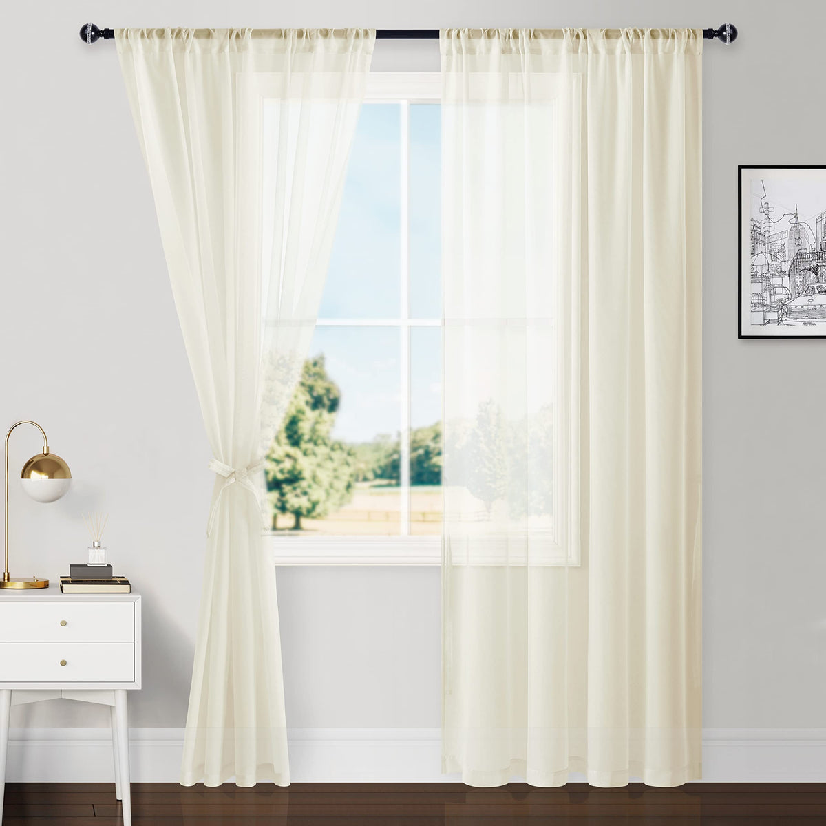 Hiasan Sheer Curtains For Bedroom With Tiebacks, Light Filtering Airy Breathable Voile Drapes Lightweight Rod Pocket Window Curt