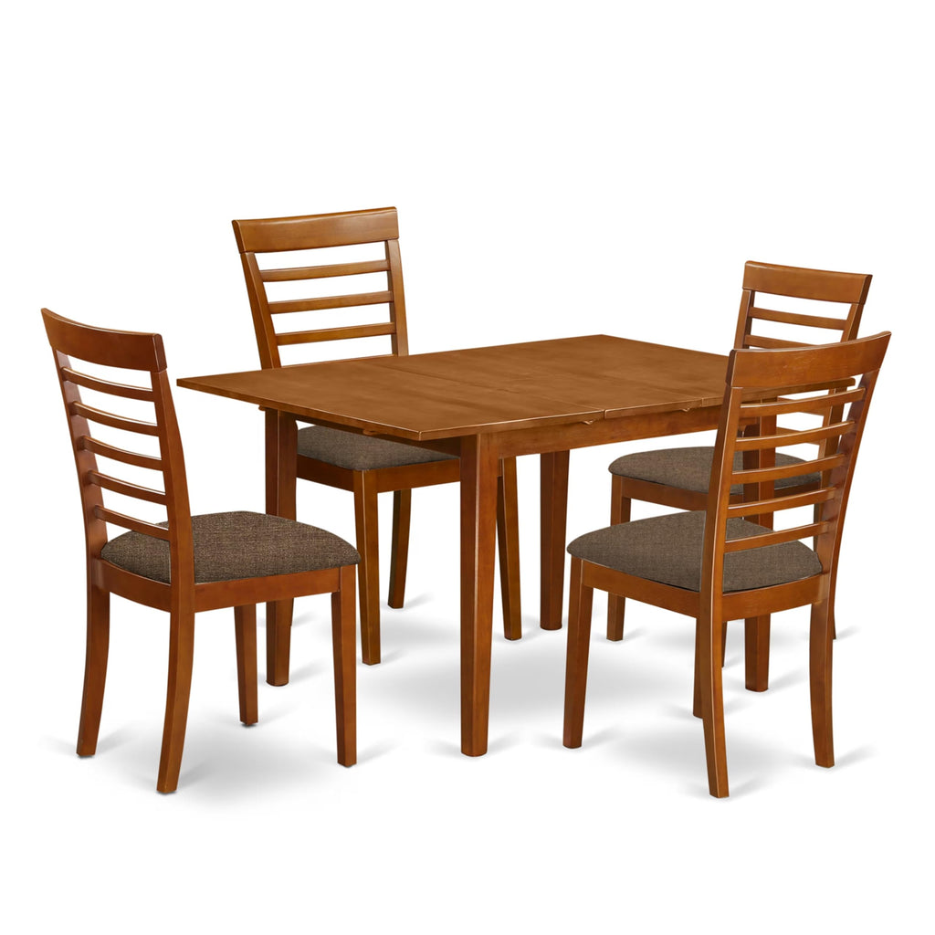 East West Furniture MILA5-SBR-C Milan 5 Piece Set Includes a Rectangle Dining Room Table with Butterfly Leaf and 4 Linen Fabric Upholstered Kitchen Chairs, 36x54 Inch