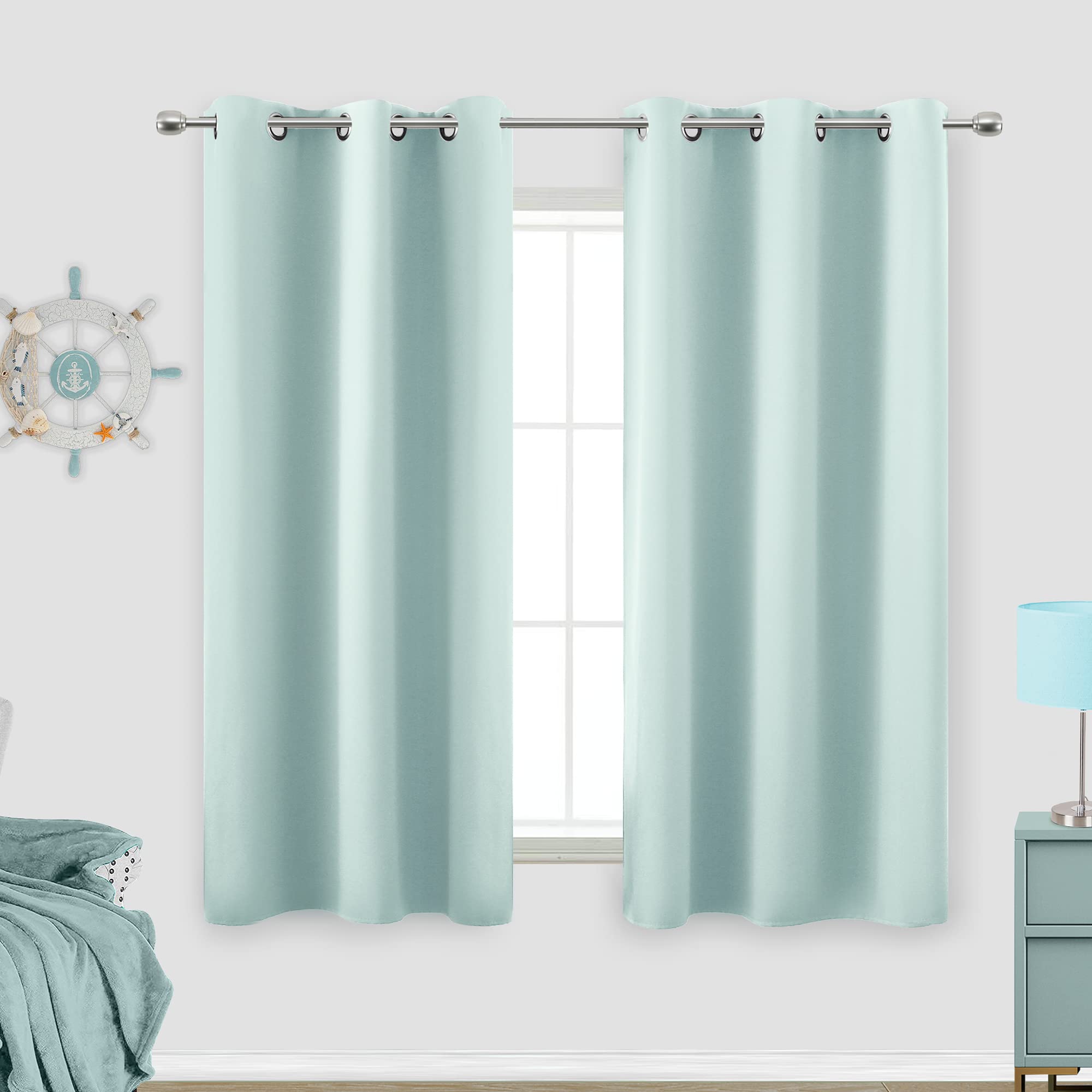 KOUFALL Aqua Bathroom Curtains Window,Set 2 Panels Coastal Decor Short Blackout Small Window Curtains for Kitchen Door Window,45