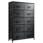 Wlive 10-Drawer Dresser, Fabric Storage Tower For Bedroom, Hallway, Nursery, Closets, Tall Chest Organizer Unit With Fabric Bins, Steel Frame, Wood Top, Pull Handle, Charcoal Black Wood Grain Print
