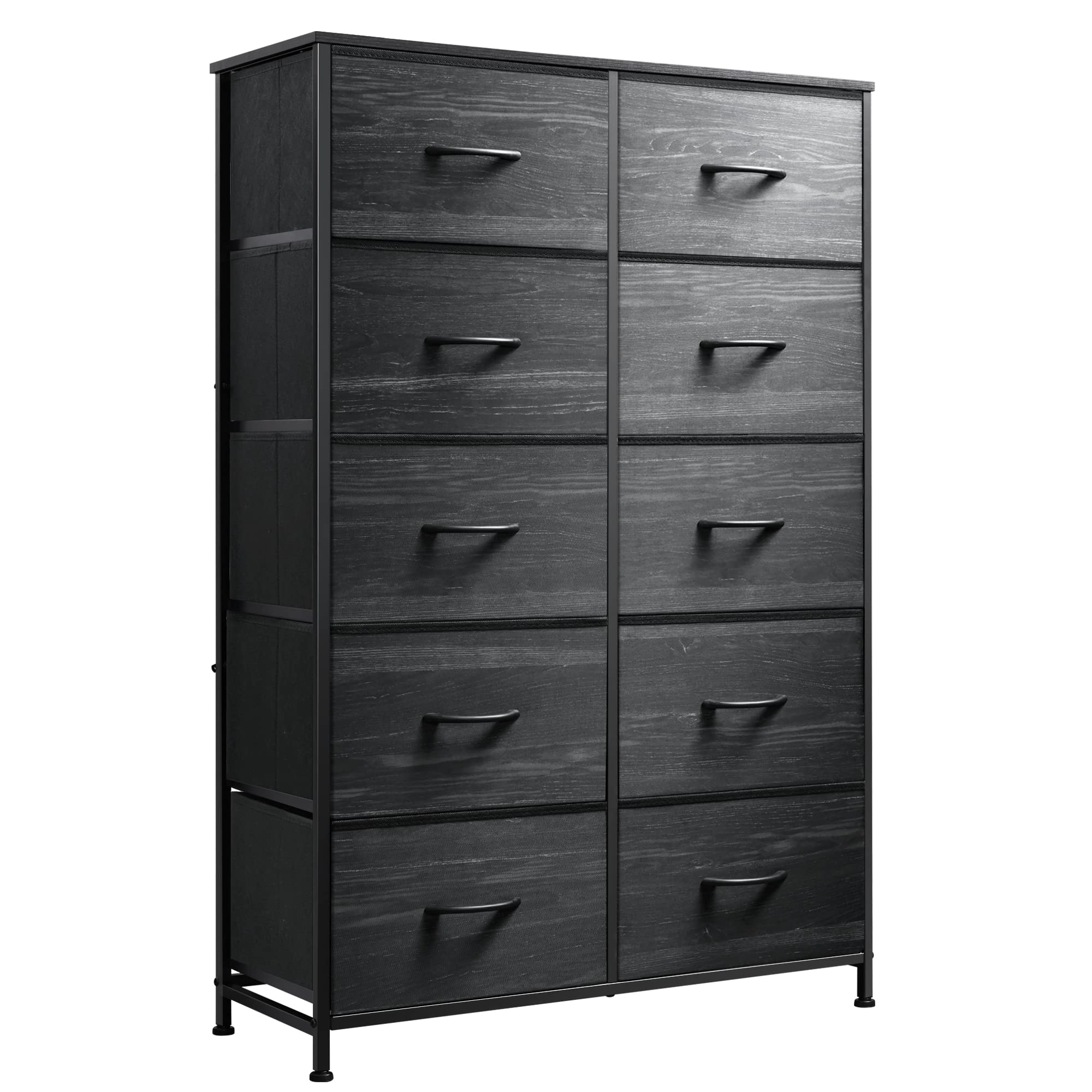 Wlive 10-Drawer Dresser, Fabric Storage Tower For Bedroom, Hallway, Nursery, Closets, Tall Chest Organizer Unit With Fabric Bins, Steel Frame, Wood Top, Pull Handle, Charcoal Black Wood Grain Print