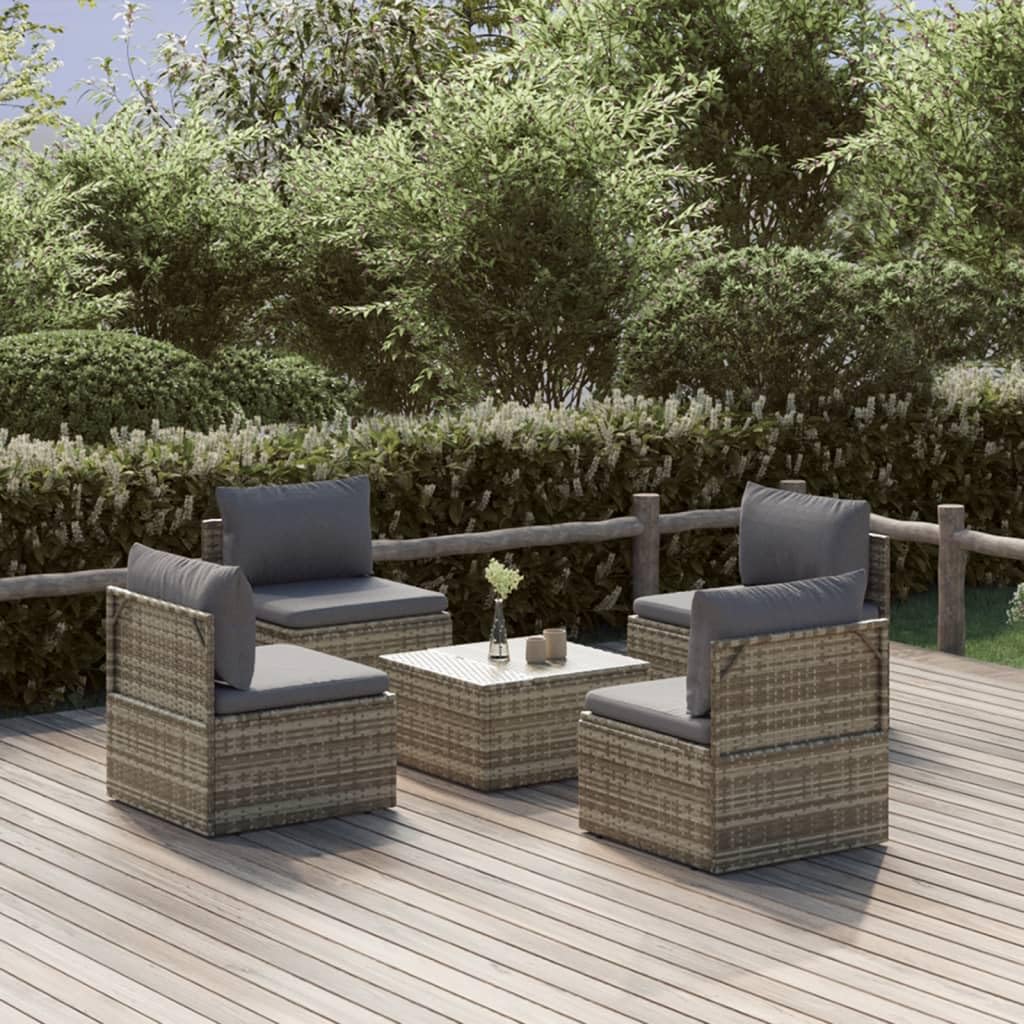 vidaXL - Modern 5 Piece Patio Lounge Set in Gray Poly Rattan with Cushions, Durable Weather Resistant Outdoor Furniture with Storage Function