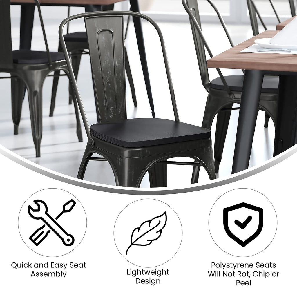 Flash Furniture Perry Indoor/Outdoor Commercial Stackable Chair With Polystyrene Seat - Black-Antique Gold Metal Frame - Black Poly Resin Seat - Rounded Seat Edges