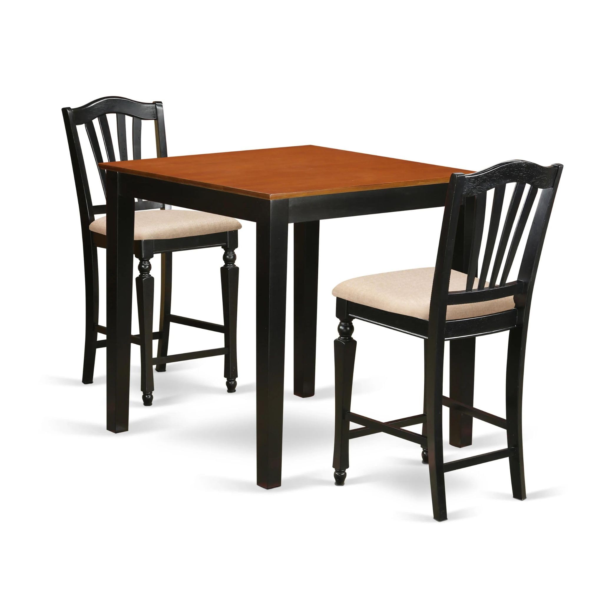 East West Furniture PBCH3-BLK-C 3 Piece Kitchen Counter Height Dining Table Set Contains a Square Dining Room Table and 2 Linen Fabric Upholstered Chairs, 36x36 Inch, Black & Cherry