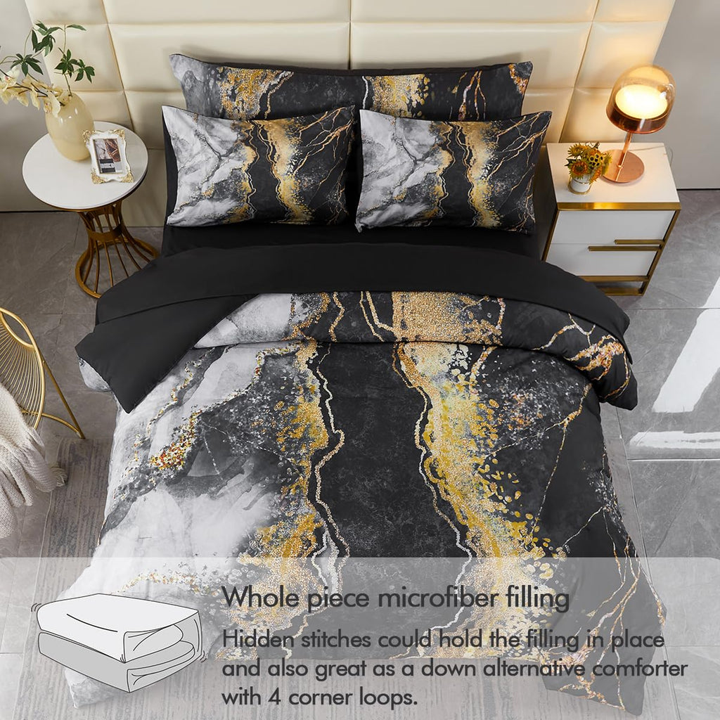 Perfemet California King 6 Piece Bed In A Bag Black Watercolor Marble Printed Bedding Comforter With Sheets Colorful Stylish Ret