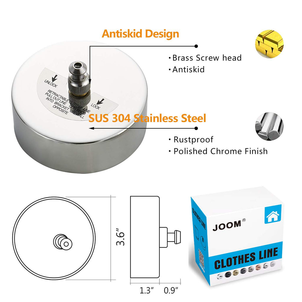 Joom Retractable Clothesline Stainless Steel Heavy Duty 9Feet(Max) For Hanging Drying In Bathroom Laundry Hotels, Chrome Finish,