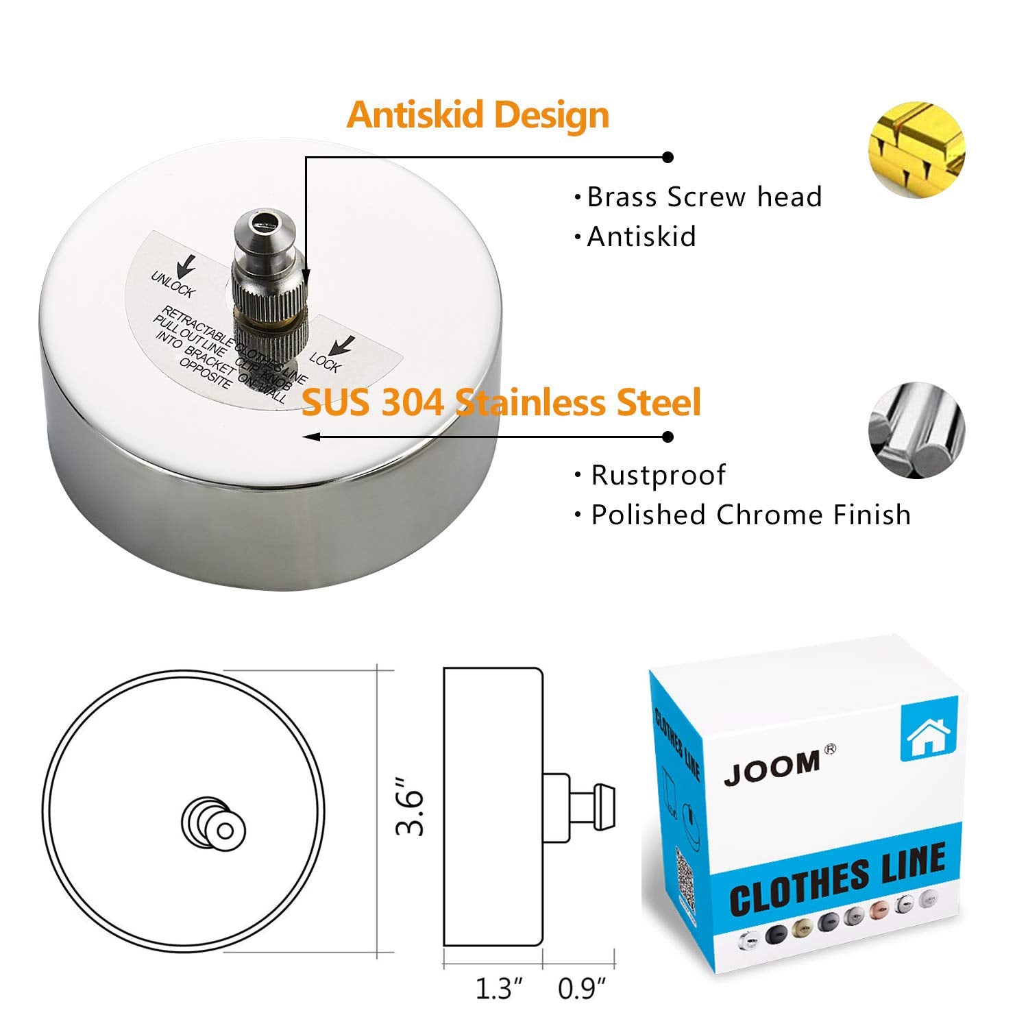 Joom Retractable Clothesline Stainless Steel Heavy Duty 9Feet(Max) For Hanging Drying In Bathroom Laundry Hotels, Chrome Finish,