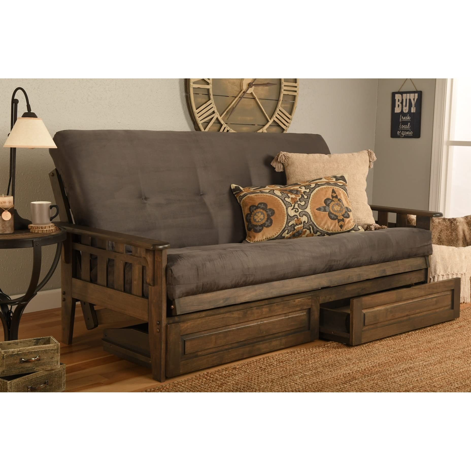 Kodiak Furniture Tucson Full Futon Set In Rustic Walnut Finish With Storage Drawers, Suede Gray