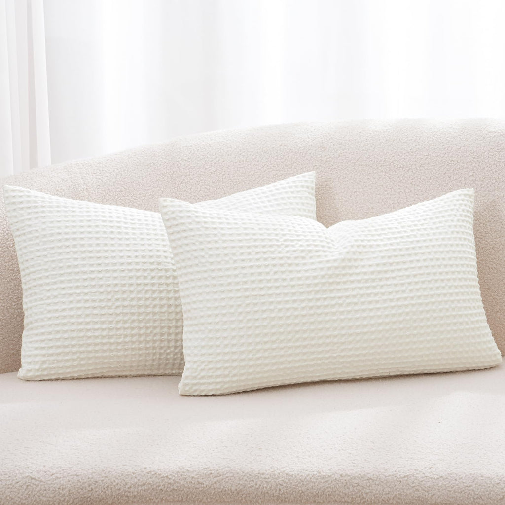 Phf 100% Cotton Waffle Weave Lumbar Pillow Cover 12' X 20', No Filling, 2 Pack Elegant Home Decorative Rectangle Throw Pillow Covers For Bed Couch Sofa, Cream