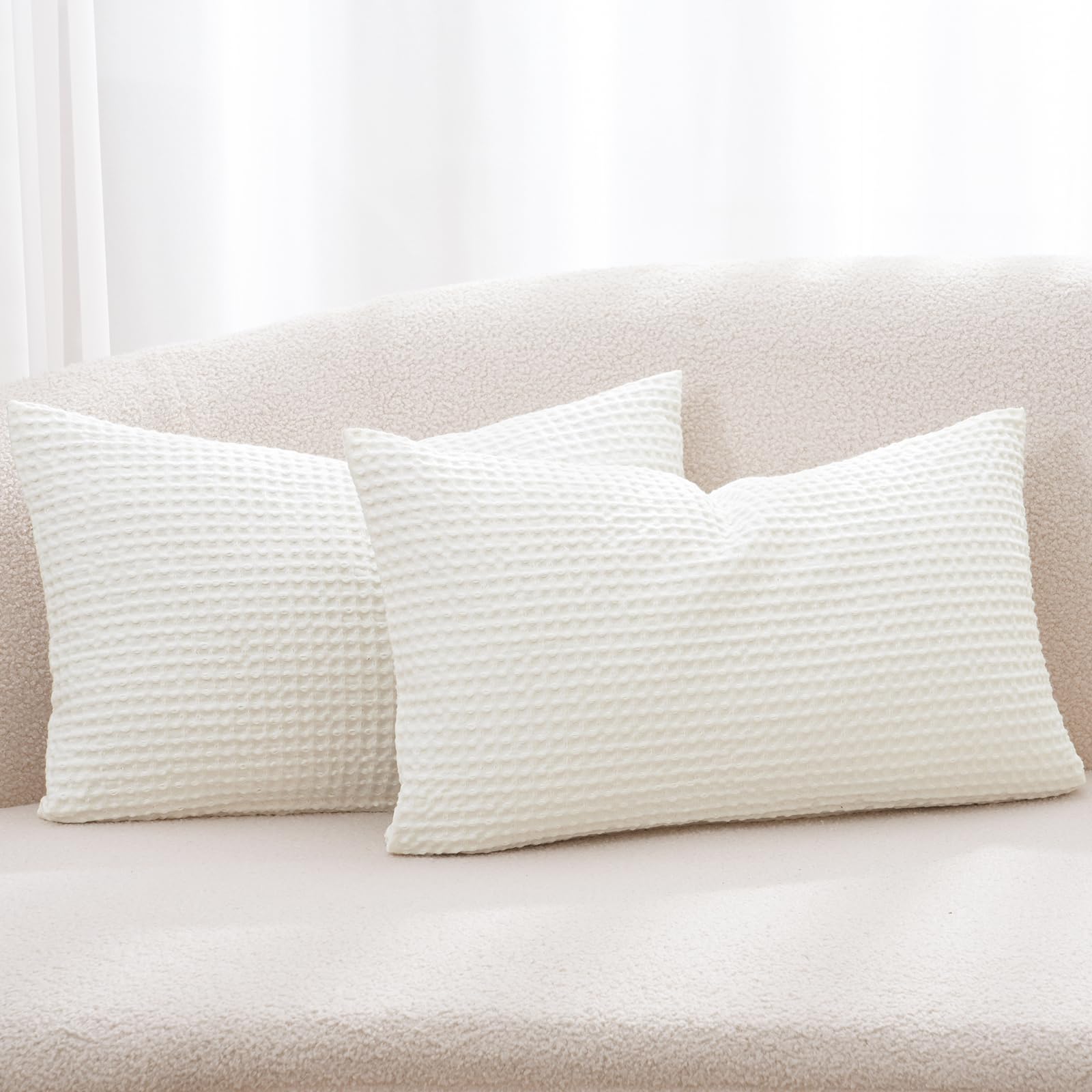 Phf 100% Cotton Waffle Weave Lumbar Pillow Cover 12' X 20', No Filling, 2 Pack Elegant Home Decorative Rectangle Throw Pillow Covers For Bed Couch Sofa, Cream