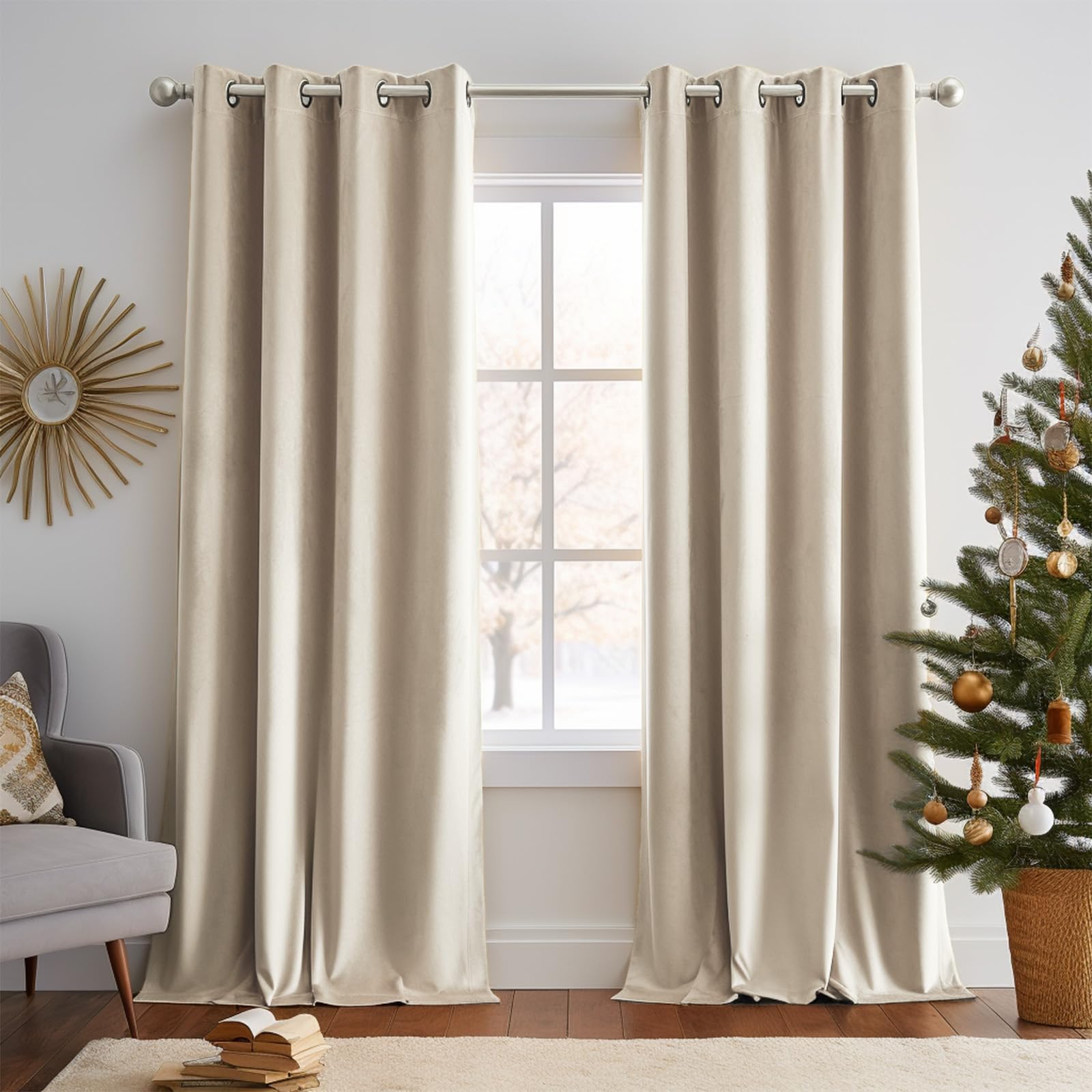 Lazzzy Velvet Curtains Beige Thermal Insulated Curtains 84 Inch Long Drapes For Bedroom Living Room Darkening Noise Reducing Sof