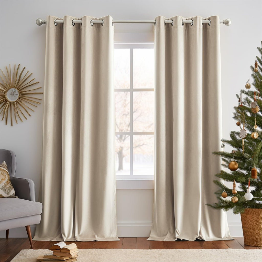 Lazzzy Velvet Curtains Beige Thermal Insulated Curtains 90 Inch Long Drapes For Bedroom Living Room Darkening Noise Reducing Soft Luxury Window Treatments Grommet Curtains 2 Panels Beige