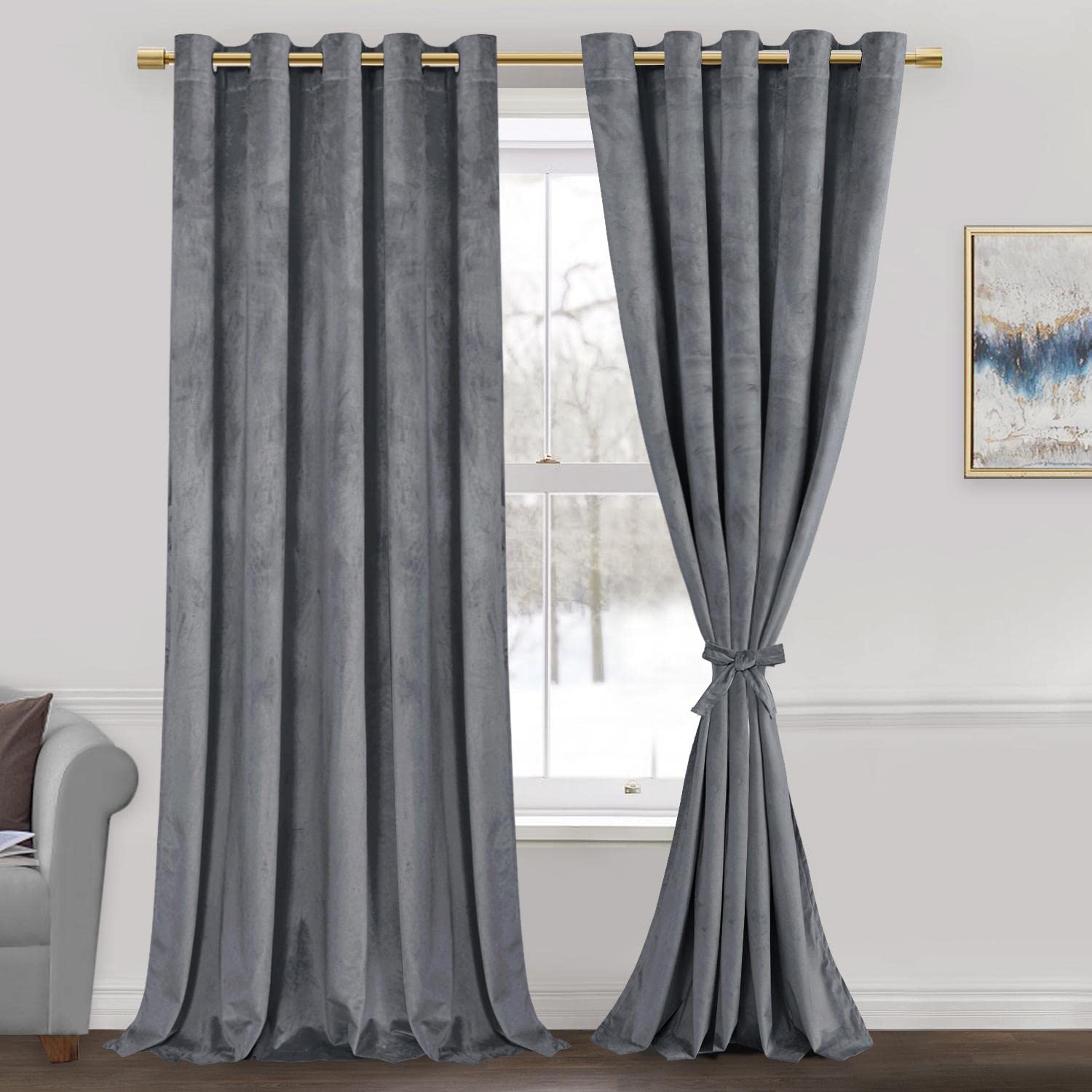 Jiuzhen Grey 60 X 96 Inches Velvet Blackout Curtains - Extra Wide Insulated Window Covering Noise Absorbing & Privacy Protect Dr