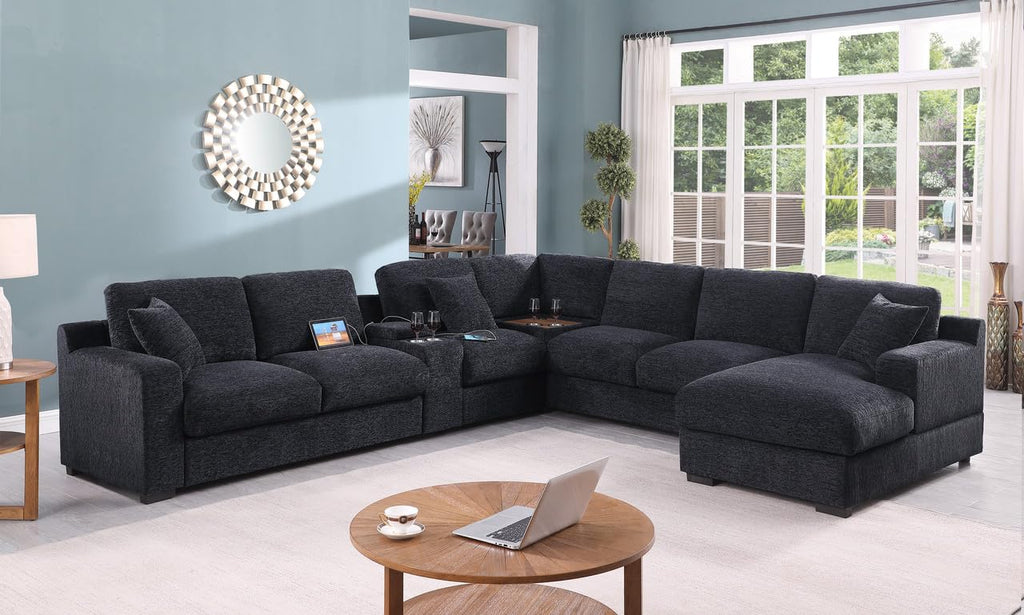 Lilola Home Celine Beige Chenille Fabric Corner Sectional Sofa with Right-Facing Chaise, Cupholders, and Charging Ports