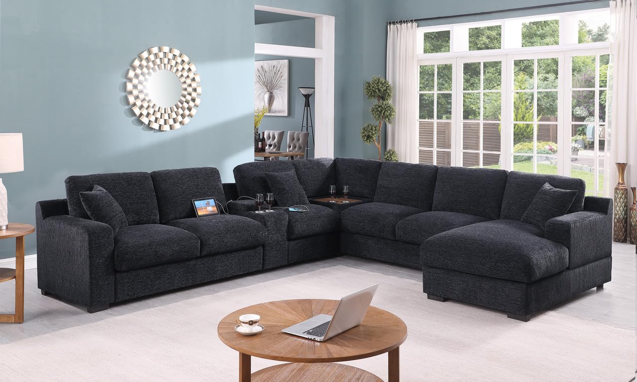 Lilola Home Celine Beige Chenille Fabric Corner Sectional Sofa with Right-Facing Chaise, Cupholders, and Charging Ports