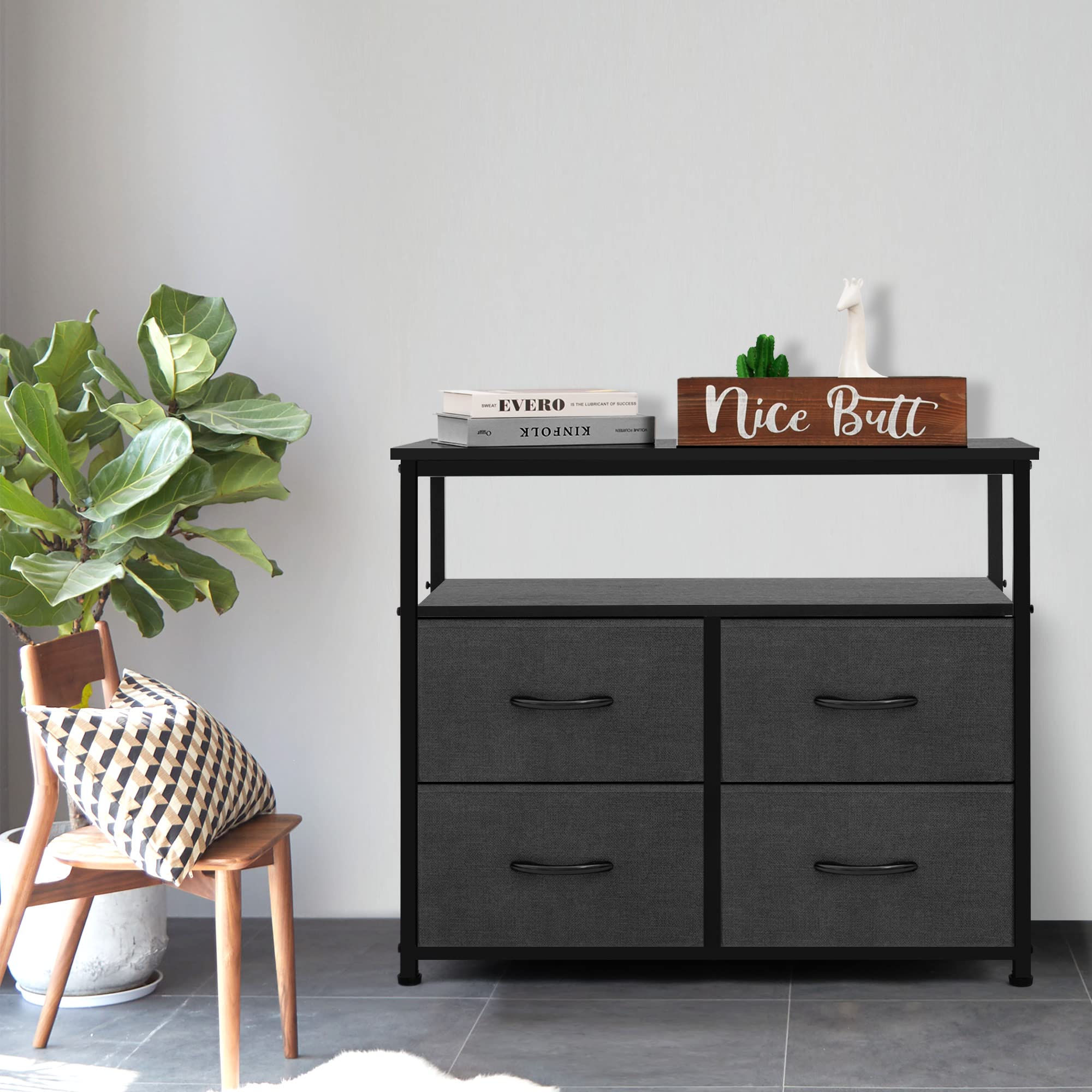 Azl1 Life Concept Dresser With Shelves-Storage Chest For Bedroom, Living Room, Hallway, Closet Organizer With Sturdy Steel Frame, Wooden, Removable Fabric, 4-Drawers With Shelf, Dark Grey
