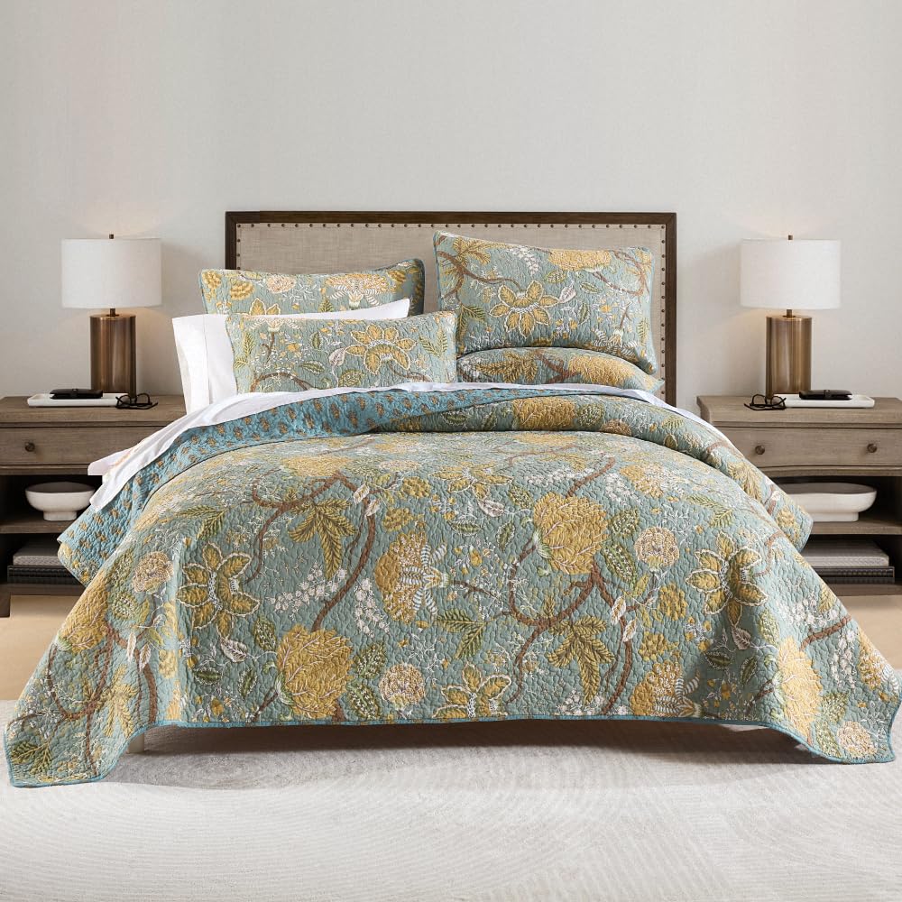 Enasal Cotton Bedspread Quilt Sets Reversible Bedding Coverlet Sets Comforter, Vintage Floral Farmhouse Pastoral Turquoise Bedsp