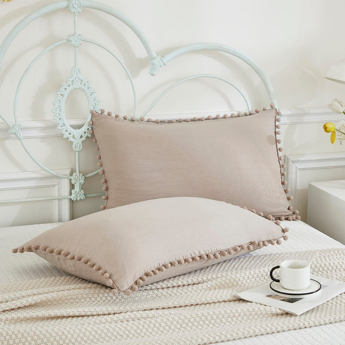 Taupe Pom Poms Pillowcases, Khaki Taupe Standard Pillow Cases Set Of 2, 100% Washed Microfiber, Taupe Ball Fringe Pillow Cover,