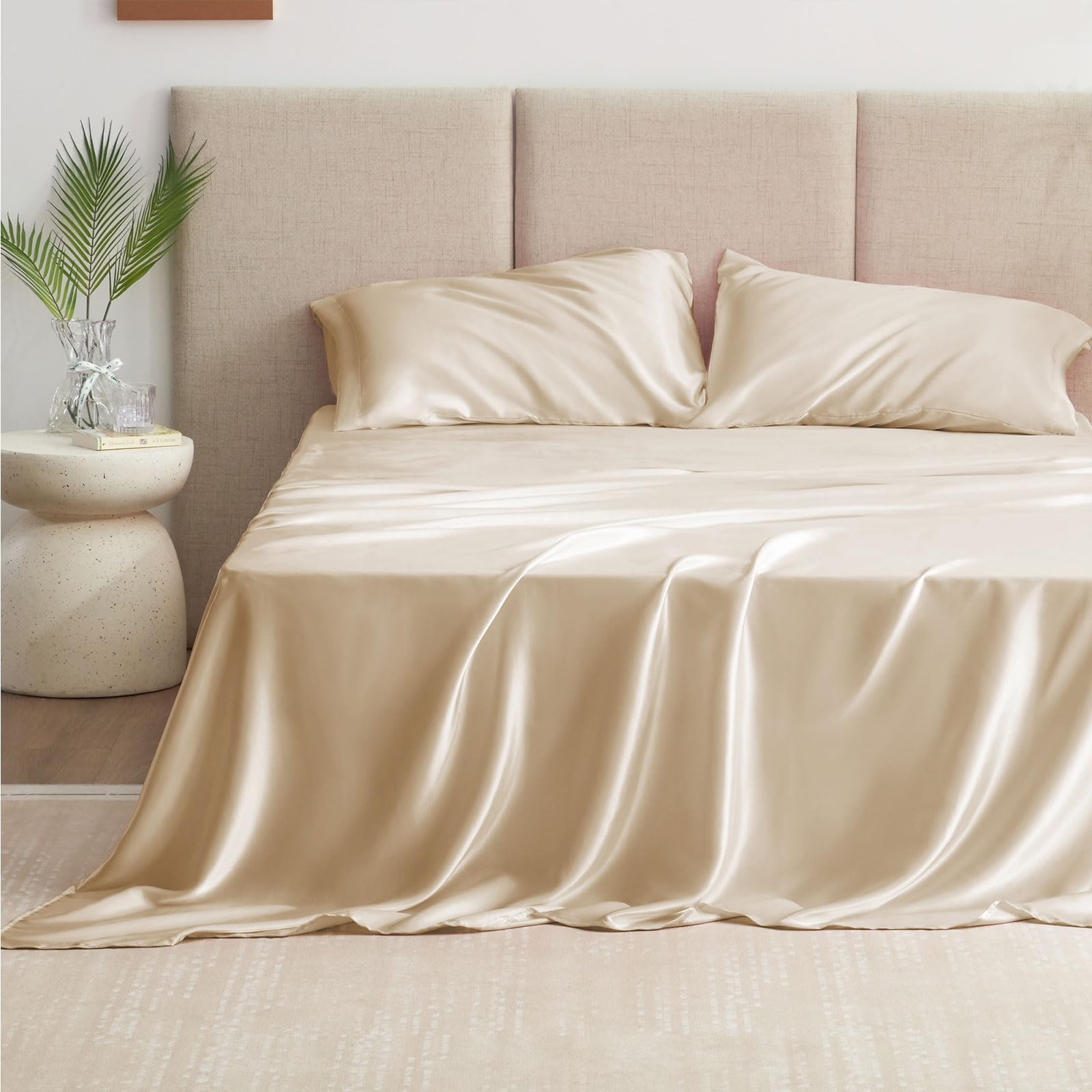 Love'S Cabin Full Size Satin Sheet Sets - 4 Piece Beige Silky Satin Sheet Set Full With Deep Pocket, Luxury Silk Feel Satin Bed Sheets Full Bedding Set (1 Flat Sheet,1 Fitted Sheet,2 Pillow Cases)