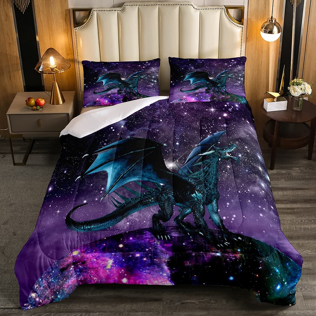 Erosebridal Dragon Bedding Set Purple Nebula Comforter Set Twin Size Mysterious Outer Space Duvet Set Trippy Bedding Set For Kid