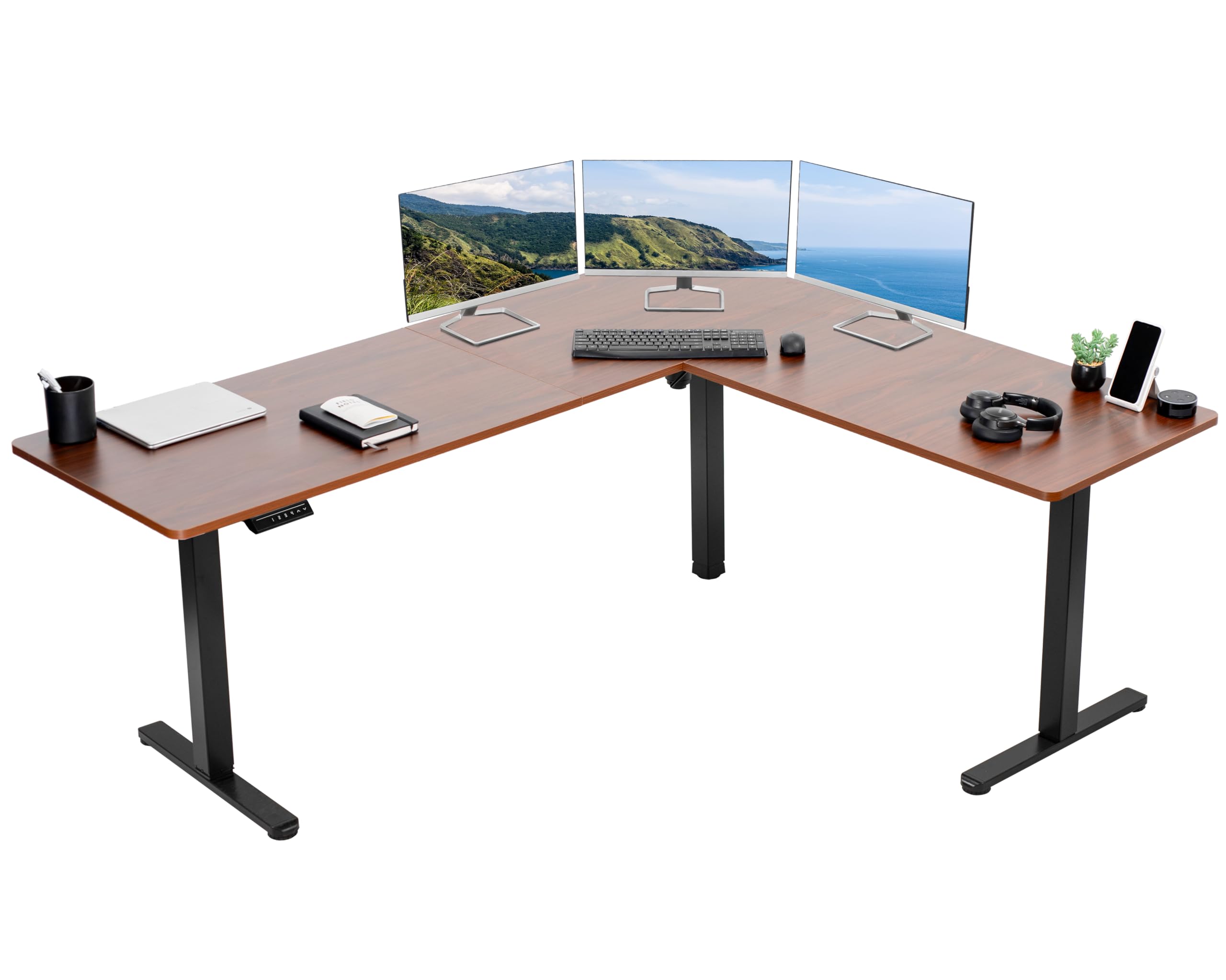 VIVO Electric Corner 75 x 63 inch L-Shaped Standing Desk, Memory Height Adjustment, Dark Walnut Top Black Frame, DESK-E3CTD-75
