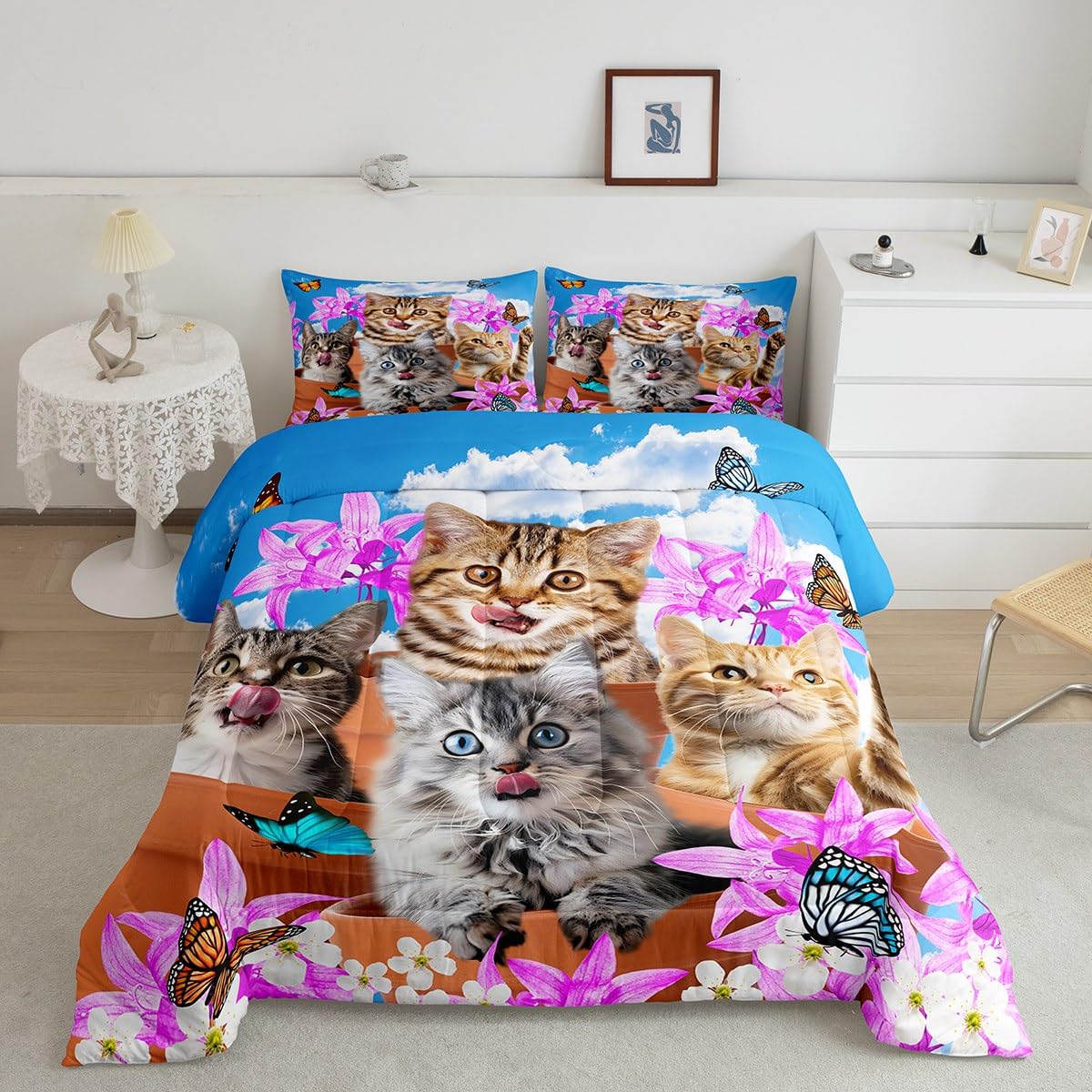 Kids Cute Cat Bedding Set Cartoon Pet Cats Kittens Comforter Set Cat Lovers Animal Themed Comforter For Boys Girls Purple Floral